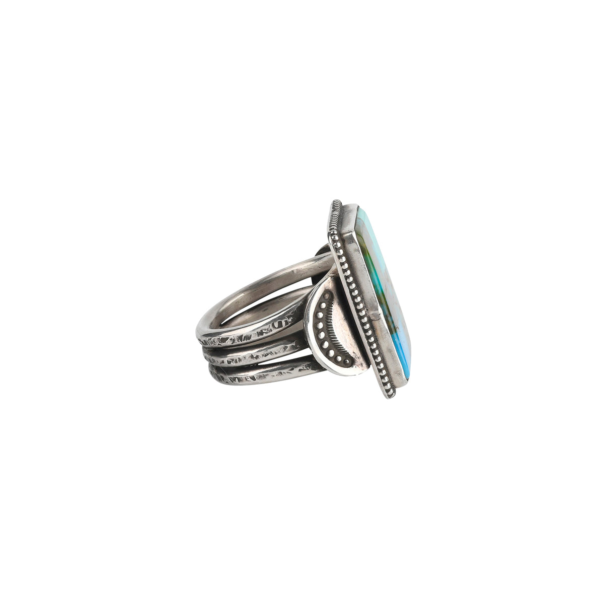 Sterling silver square ring with multiple Turquoise stone inlay in smaller squares side profile of sterling silver detailed shank. 