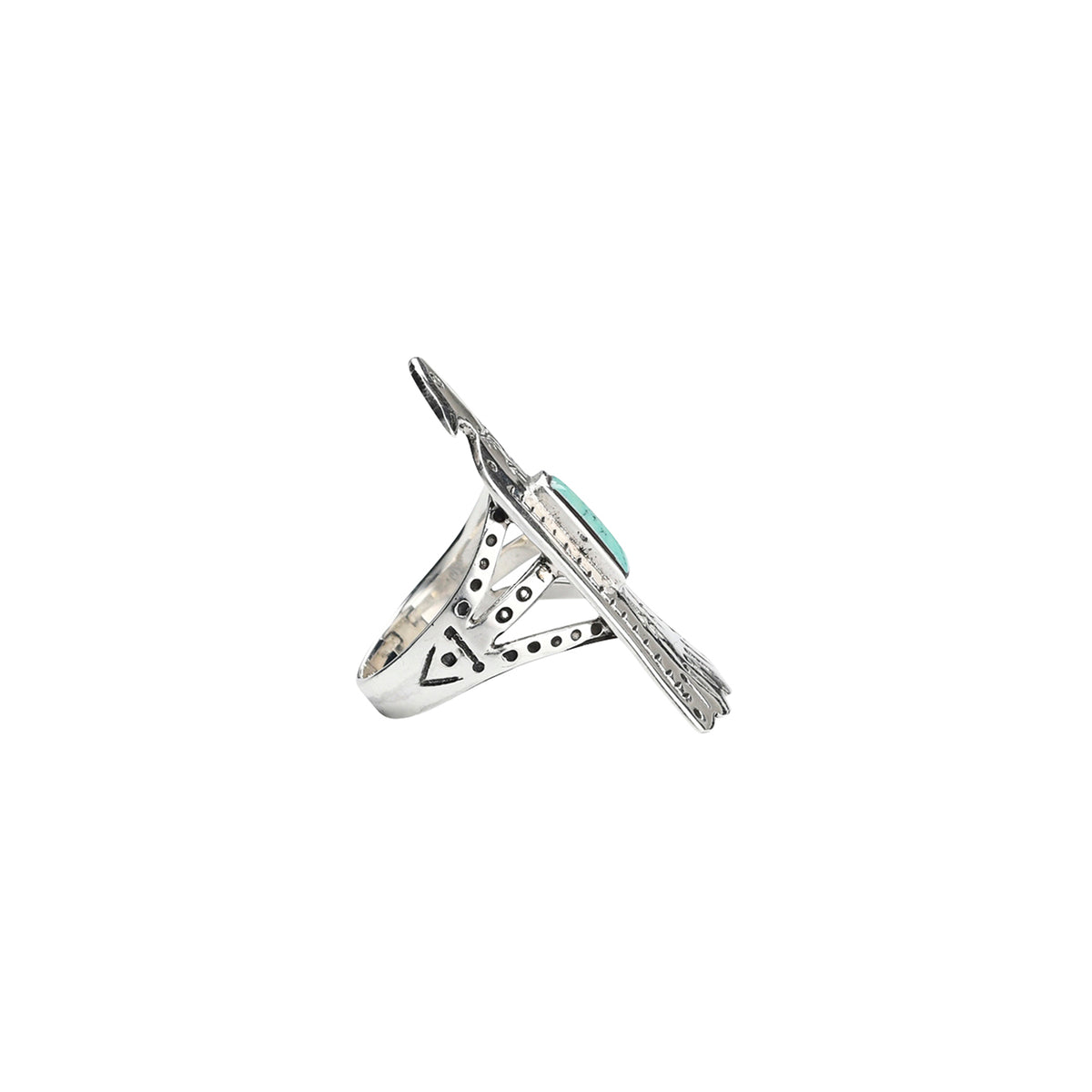 A Sterling Silver Falcon Shield Ring featuring Green Turquoise and Southwest detail stamping.