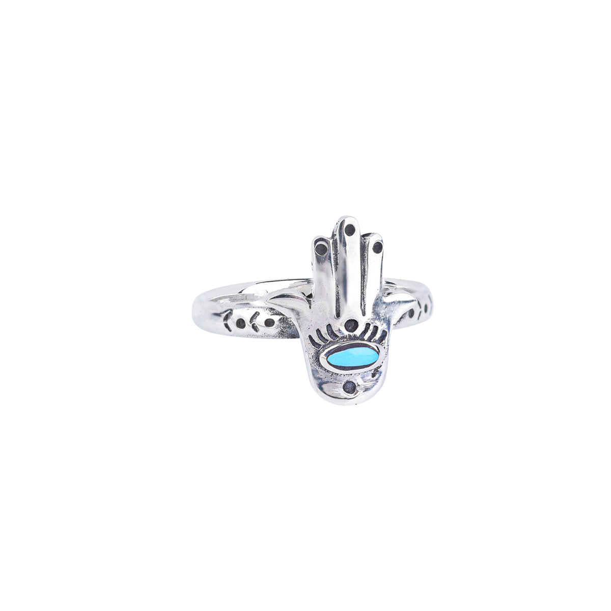 A sterling silver ring with a blue turquoise stone inlay in the shape of a hamsa symbol or hand and decorative stamping on the ring band.