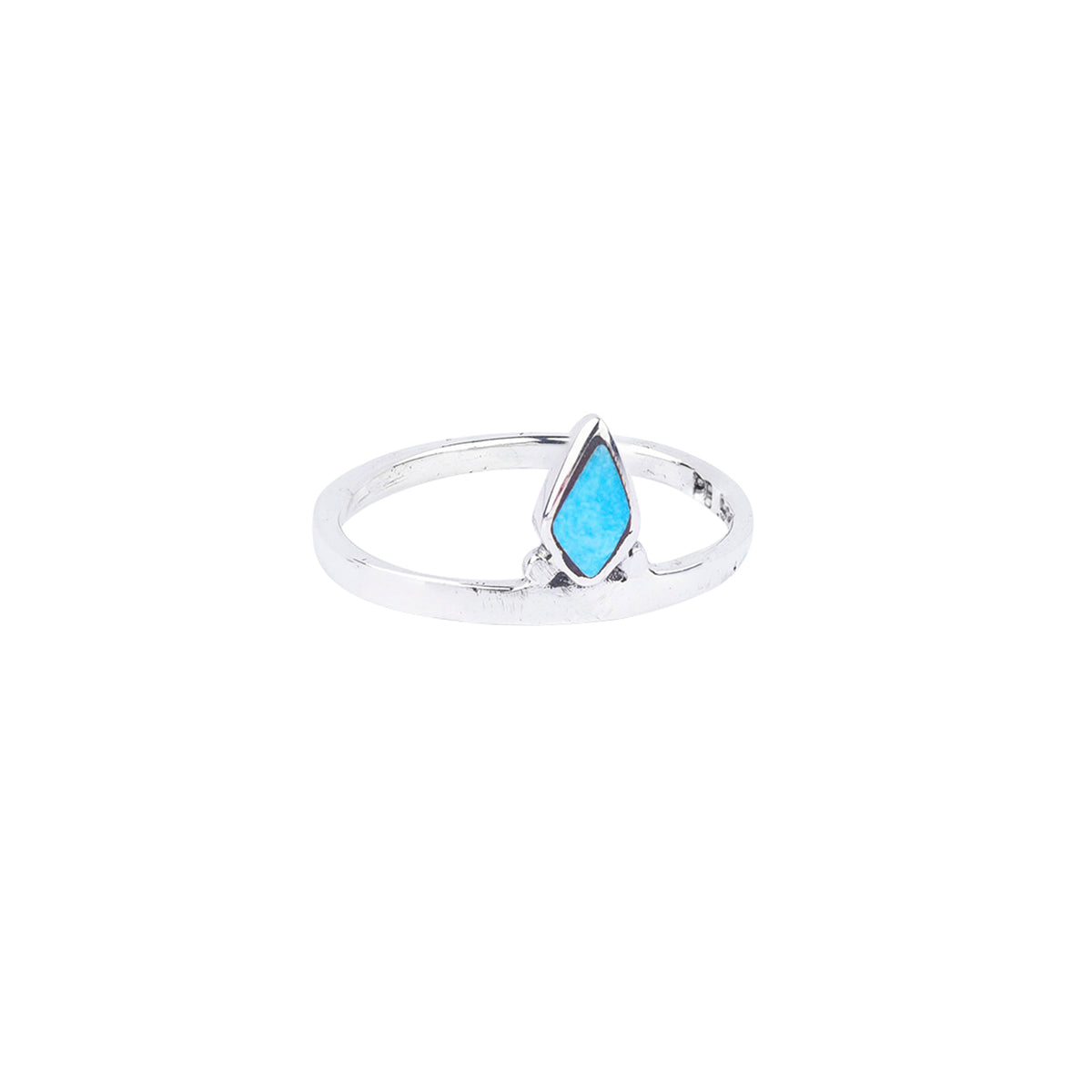 A sterling silver ring with a blue turquoise inlay in the shape of a diamond and a thin silver band.