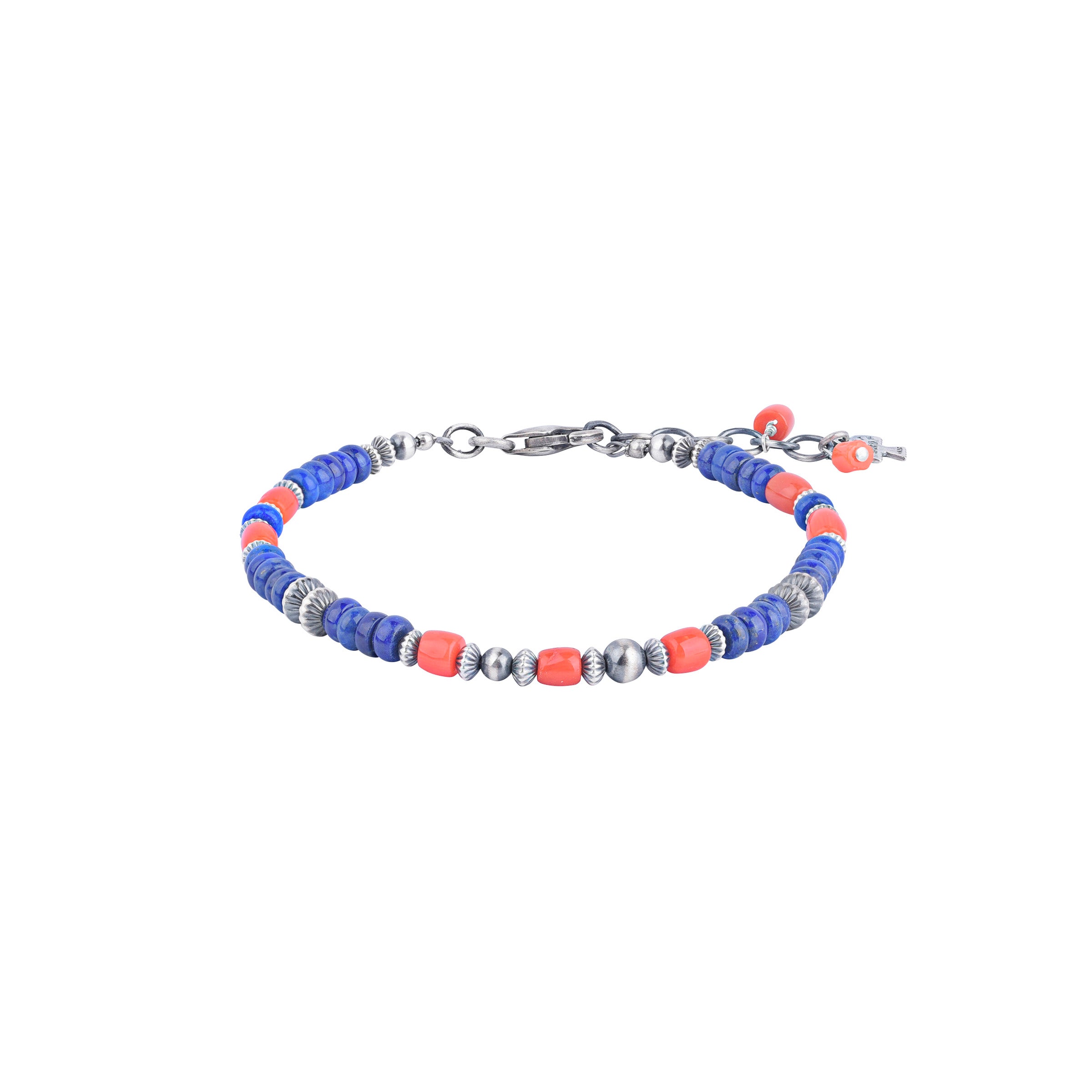 Blue Lapis and Red Coral Beaded Bracelet with Desert Pearl and Corrugated Desert Pearl Accents, adjustable sizing fits men and women