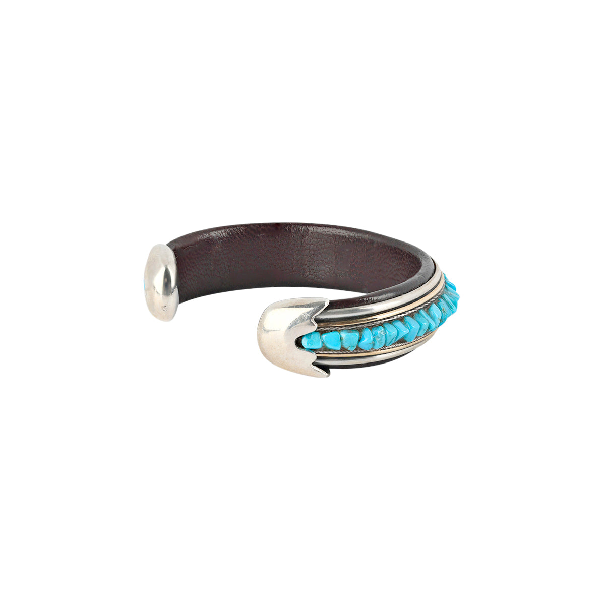 Turquoise inlay cuff with silver detailing on leather wrapped silver cuff side view of sterling silver terminals