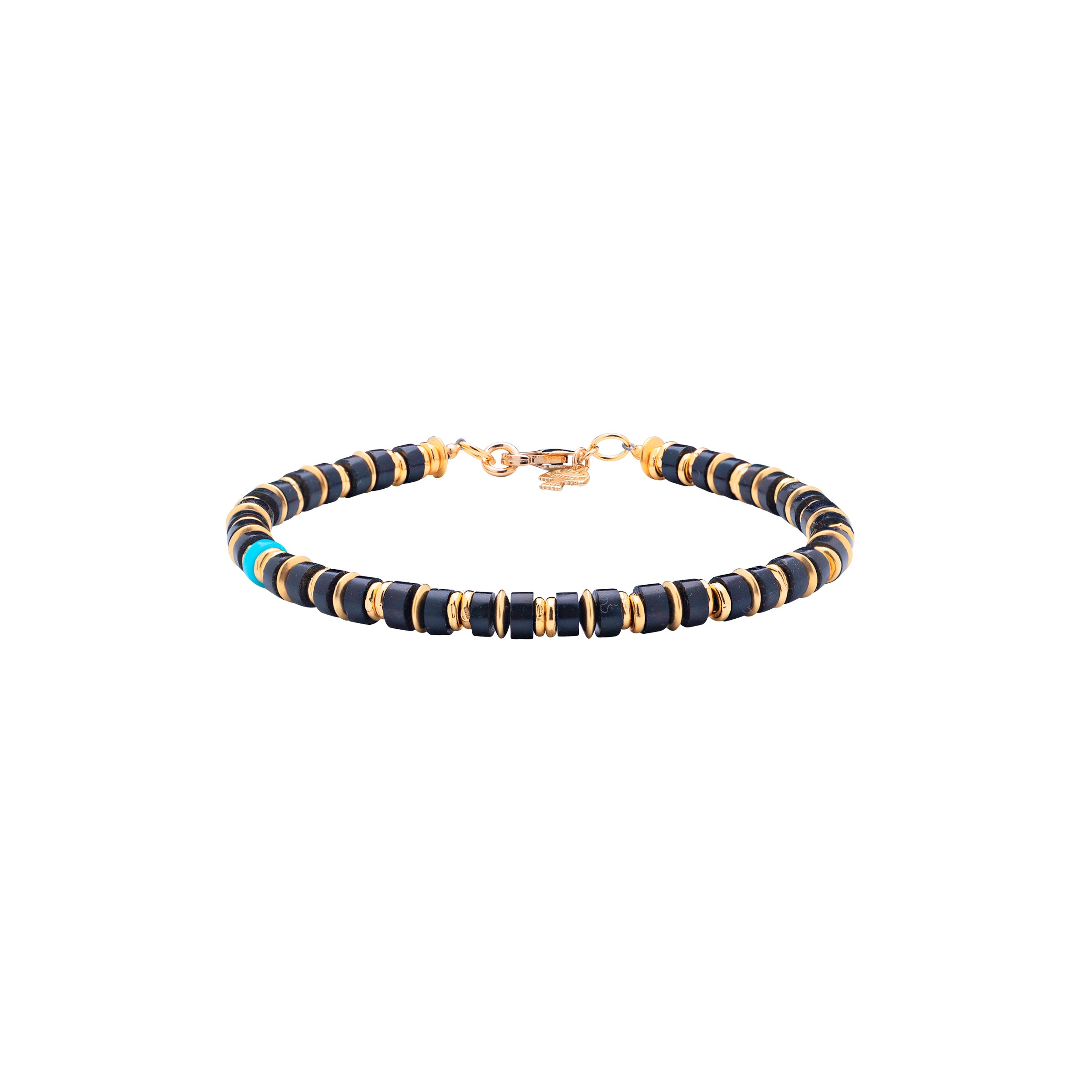 Peyote Bird original beaded bracelet with onyx, blue turquoise, and both 14K gold plate and gold fill. 