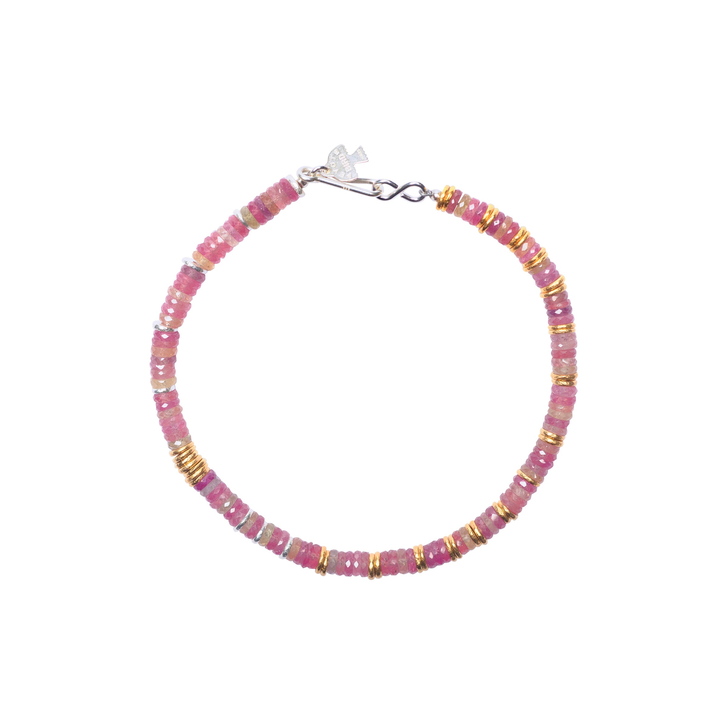 Adorned with both 14k Gold Plate and Sterling Silver, the Sapphire Sunrise bracelet is a stunning display of dazzling Pink Sapphire. 