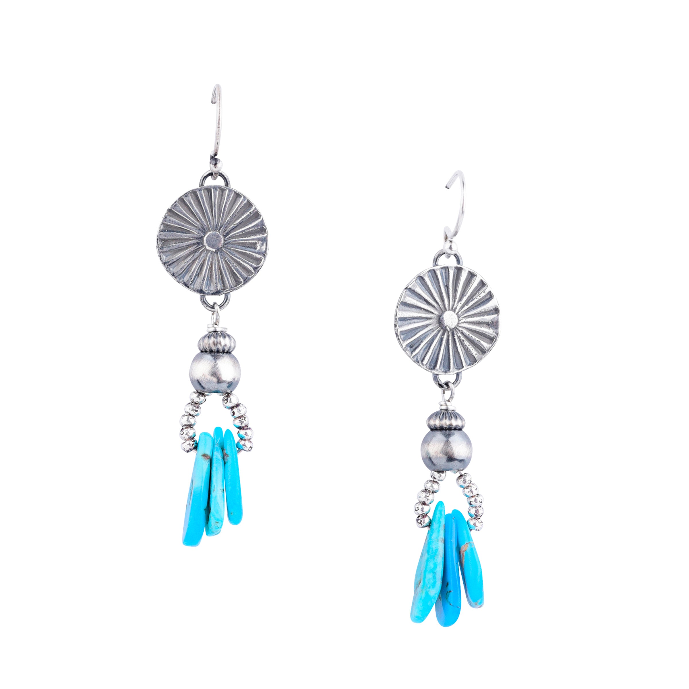 Drop Earrings with Blossom Bead, Corrugated Desert Pearl, Classic Desert Pearl, and Turquoise Teardrop beading 