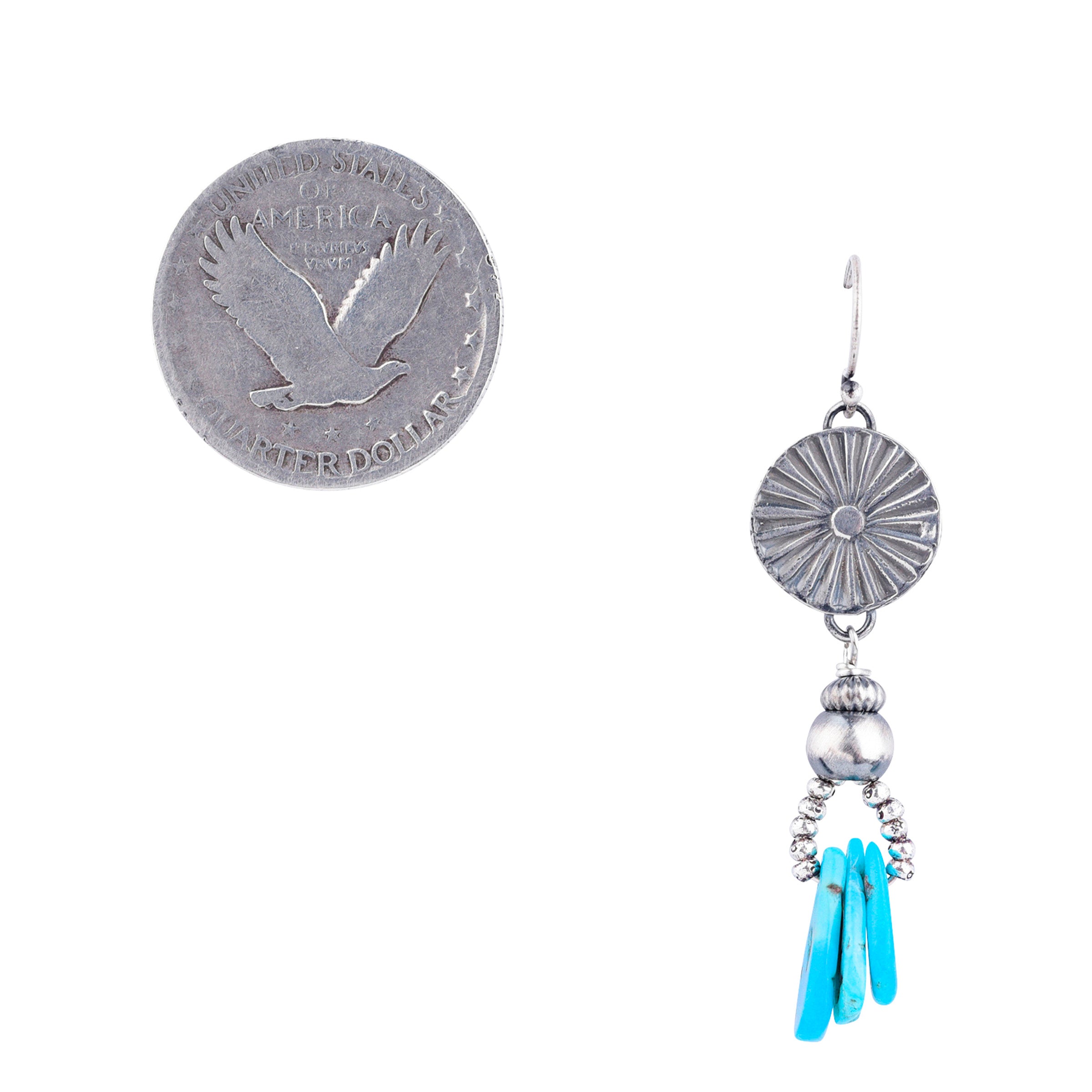 Drop Earrings with Blossom Bead, Corrugated Desert Pearl, Classic Desert Pearl, and Turquoise Teardrop beading 