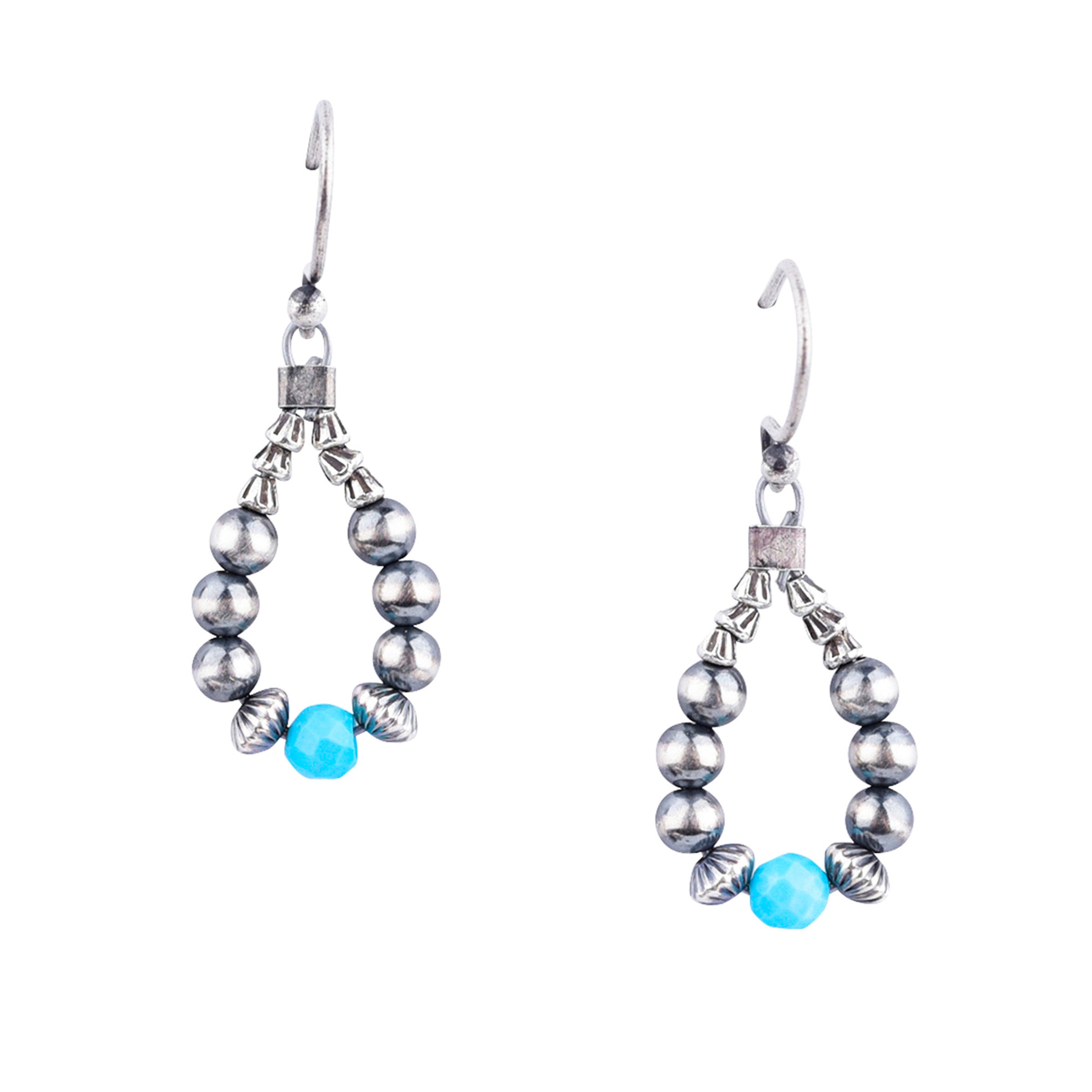 Sterling Silver beaded teardrop earrings with blue turquoise, classic desert pearls, corrugated desert pearls, and sterling silver thai beading