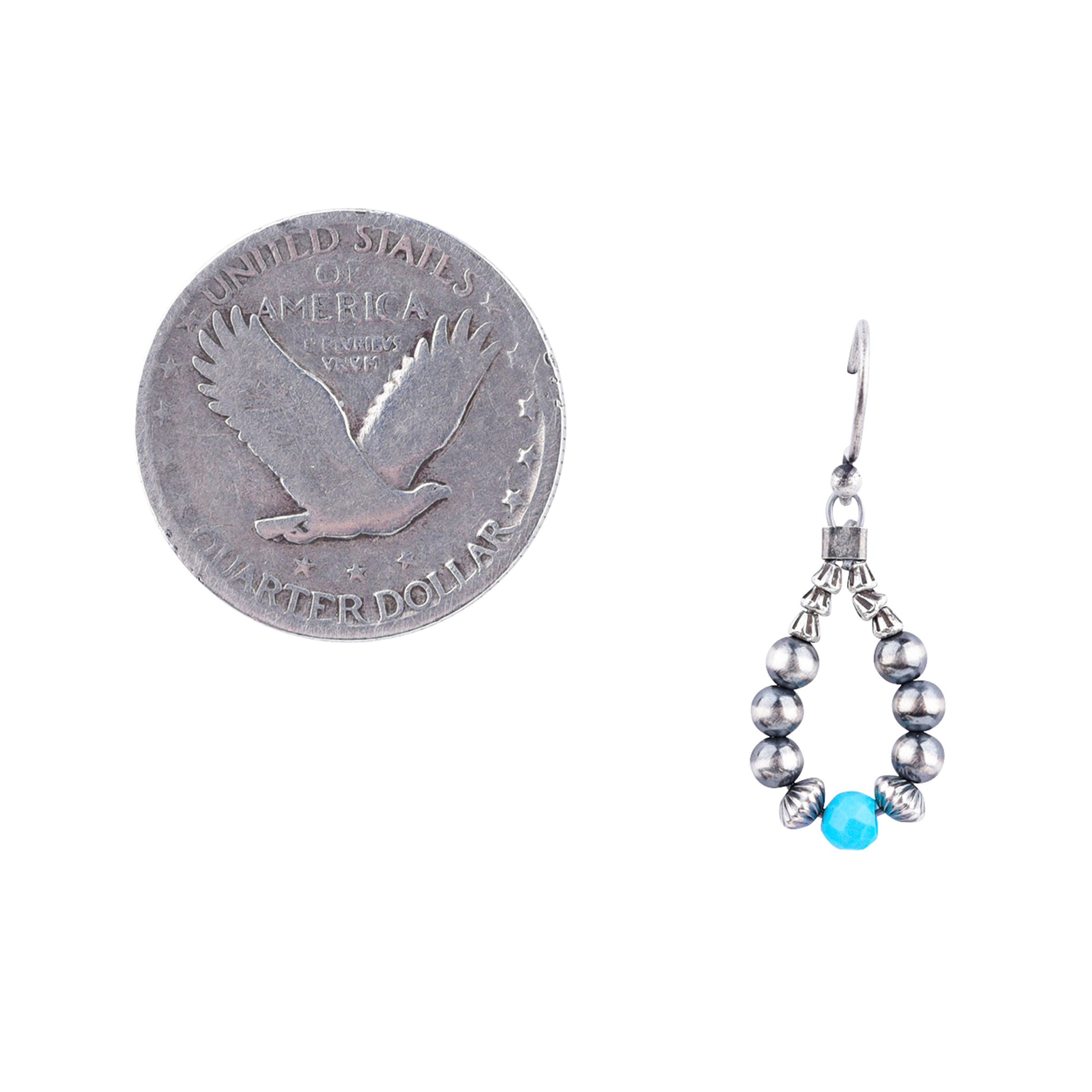 Sterling Silver beaded teardrop earrings with blue turquoise, classic desert pearls, corrugated desert pearls, and sterling silver thai beading