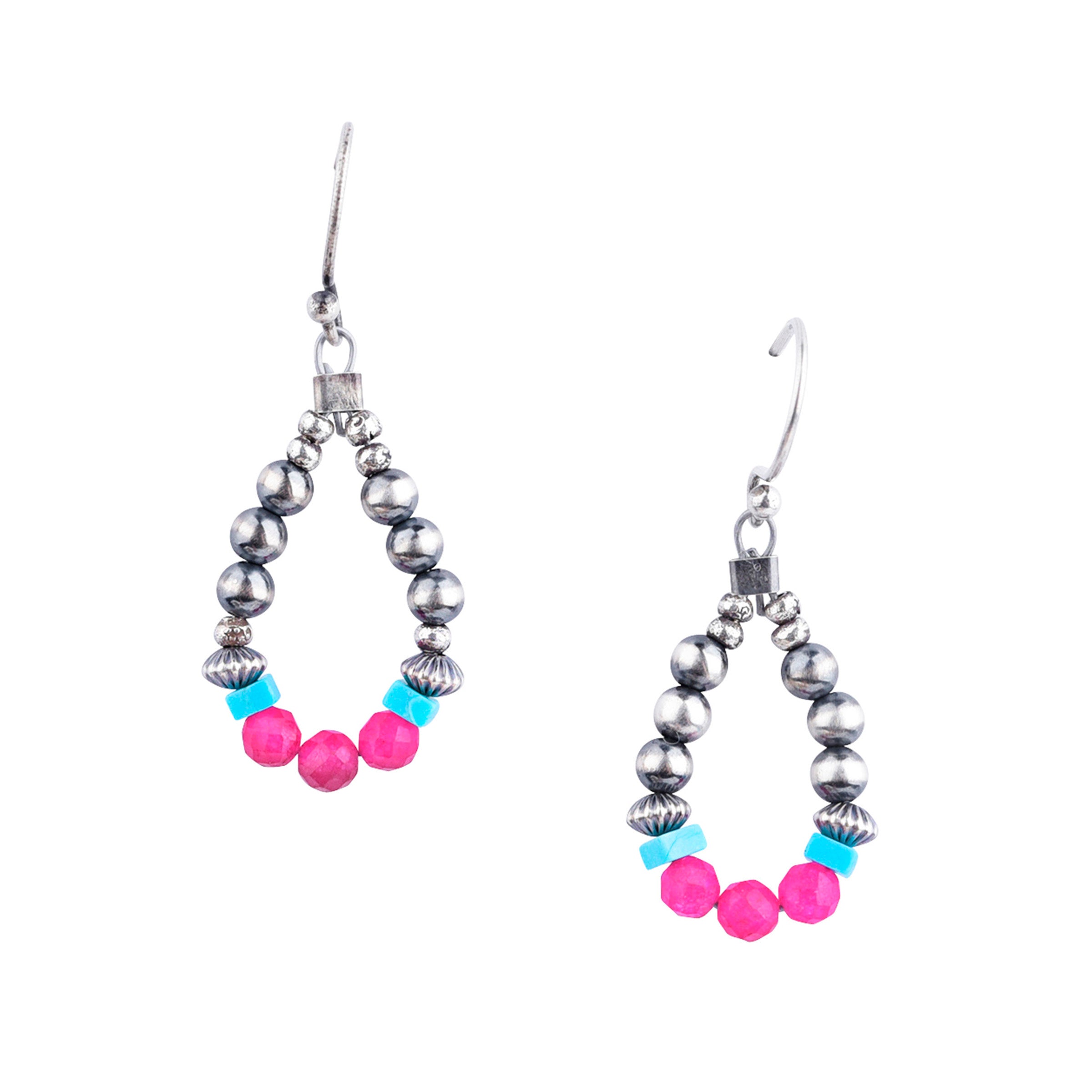 Sterling Silver beaded teardrop earrings with blue turquoise, pink opal or pink chalcedony, classic desert pearls, corrugated desert pearls, and sterling silver thai beading
