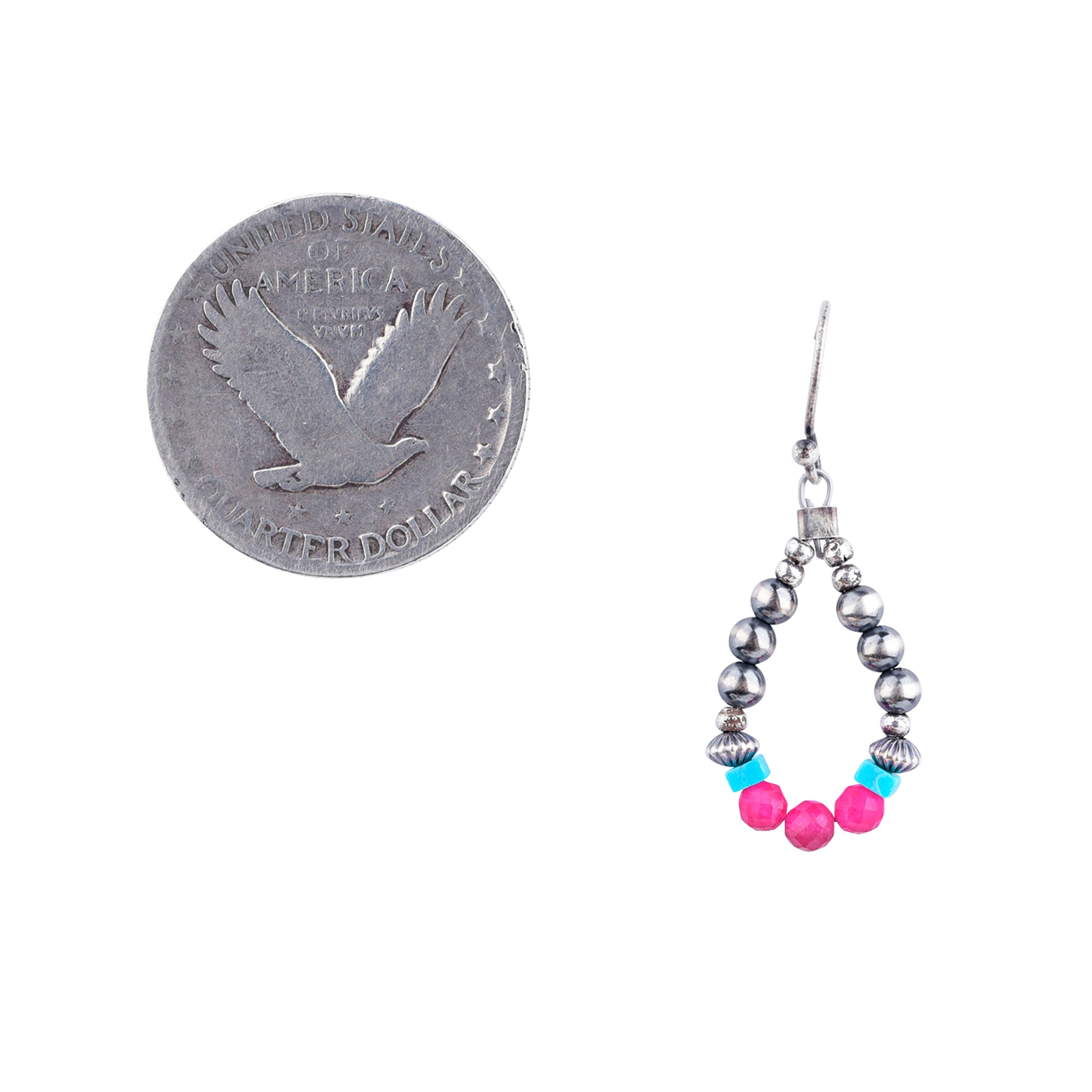 Sterling Silver beaded teardrop earrings with blue turquoise, pink opal or pink chalcedony, classic desert pearls, corrugated desert pearls, and sterling silver thai beading