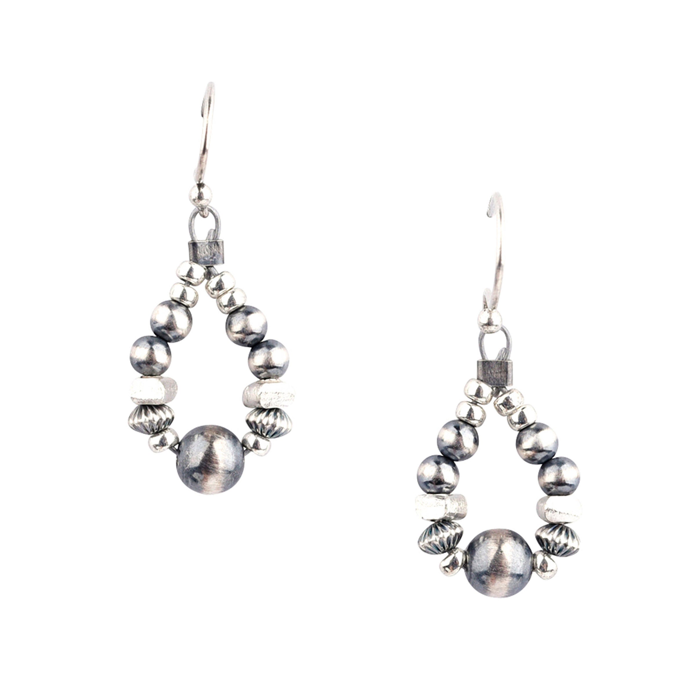 Beaded teardrop earrings made with Sterling Silver Desert Pearls, Corrugated Desert Pearls and Sterling Silver Thai beading