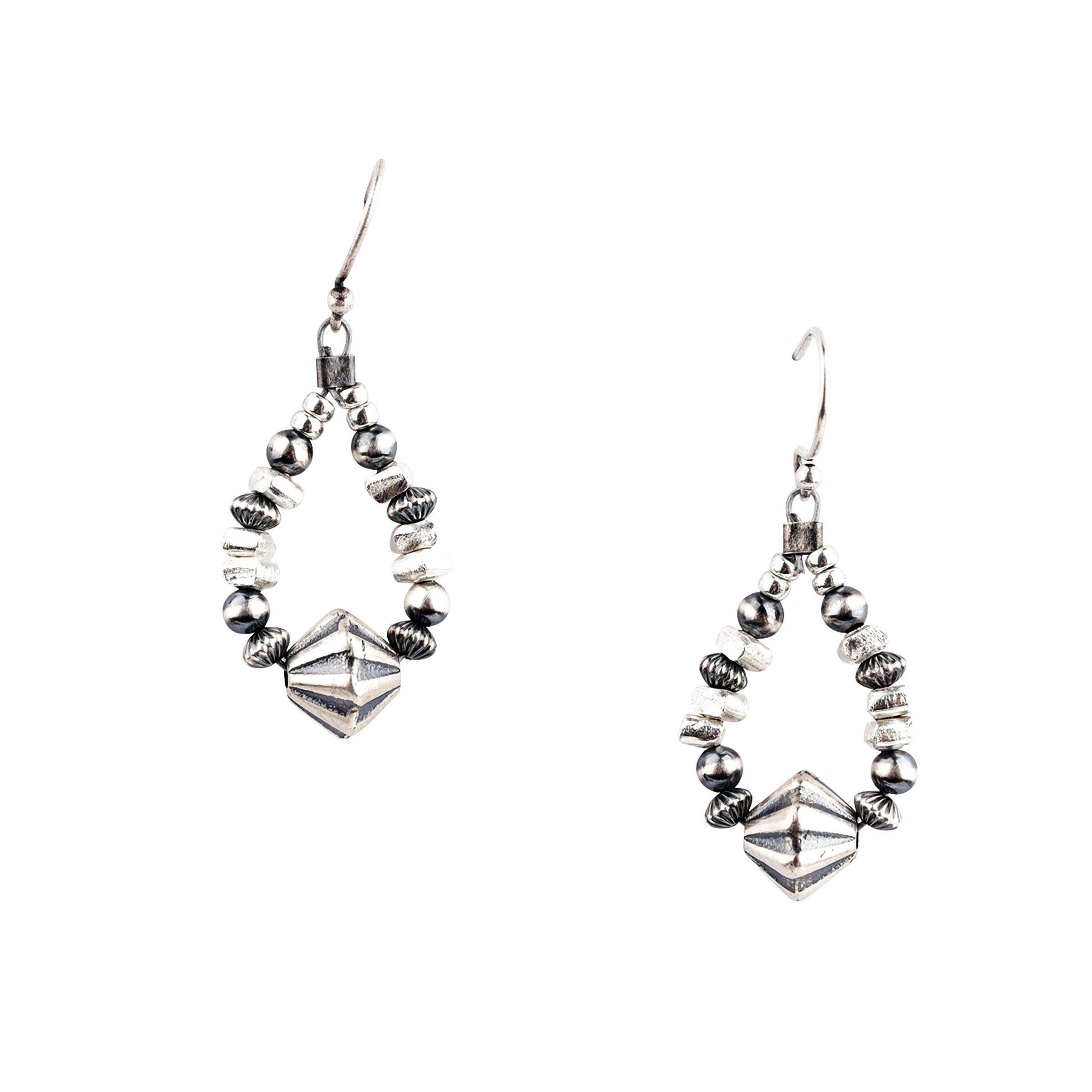 Beaded teardrop earrings with Classic Desert Pearls, Corrugated Desert Pearls, Decorative Desert Pearls, and sterling silver Thai beading
