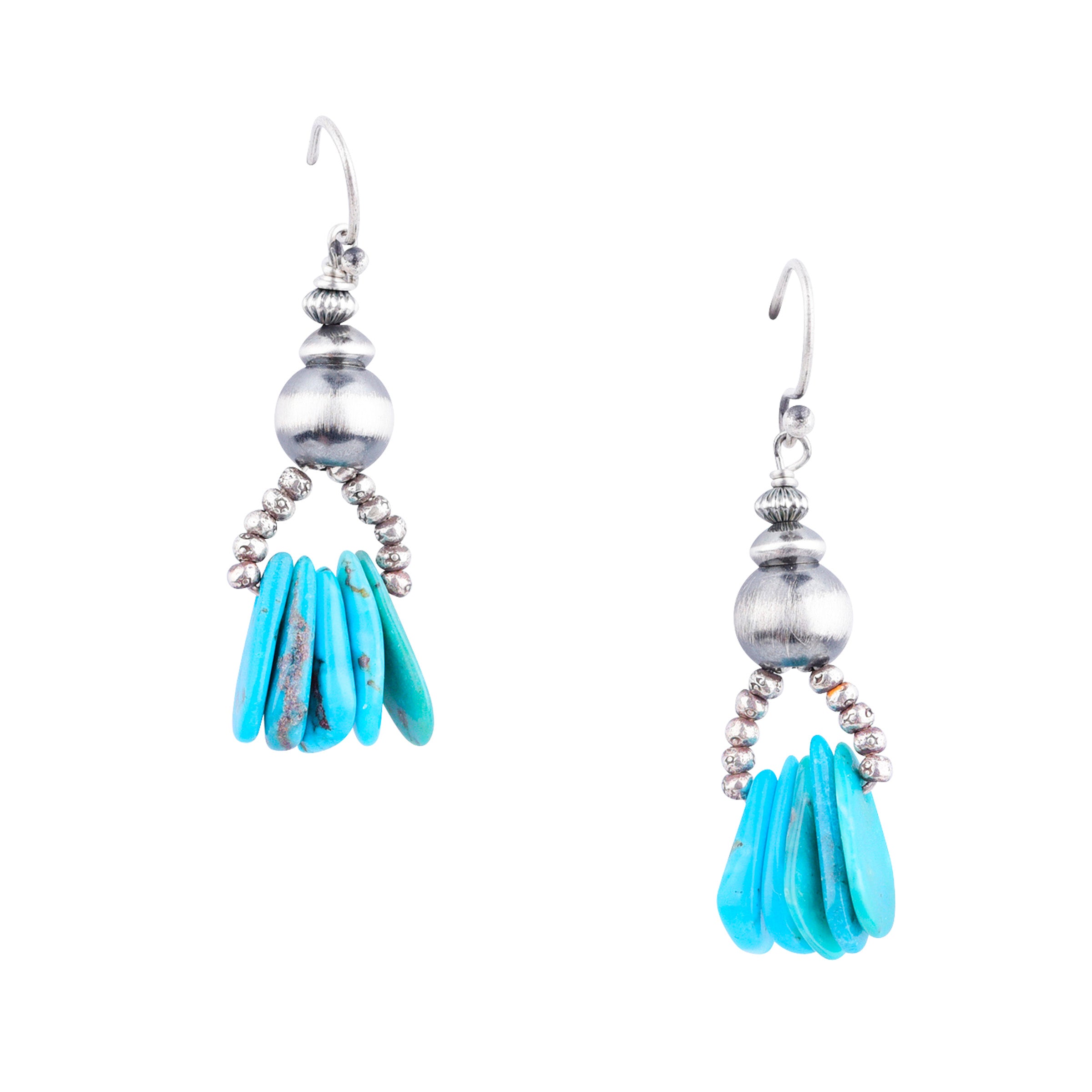 Beaded drop earrings strung with Desert Pearls, Sterling Silver Thai beading, and teardrop Turquoise slabs.