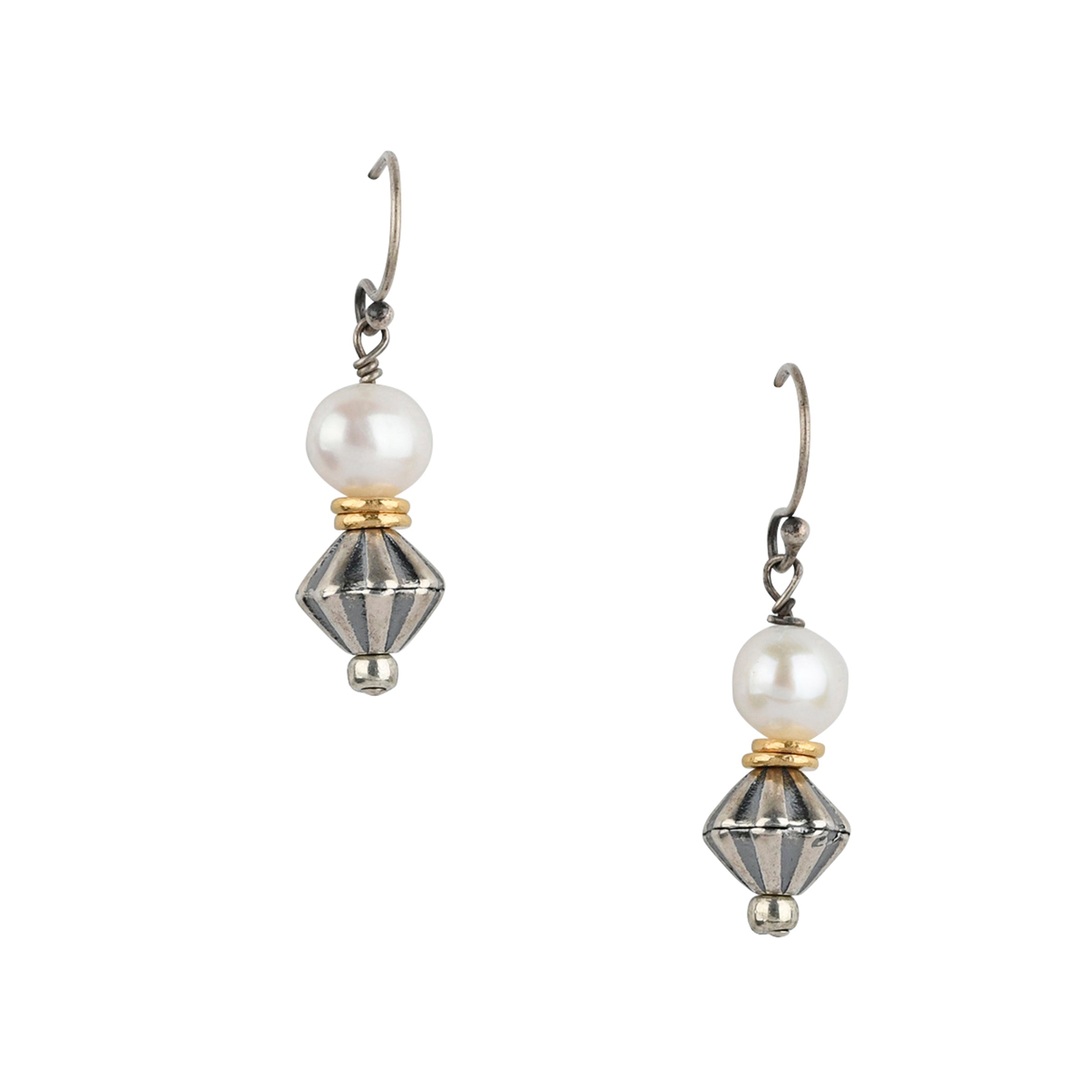 Mixed Metal earrings beaded with Sterling Silver, Freshwater Pearl, and 14k Gold Plate accent beading.
