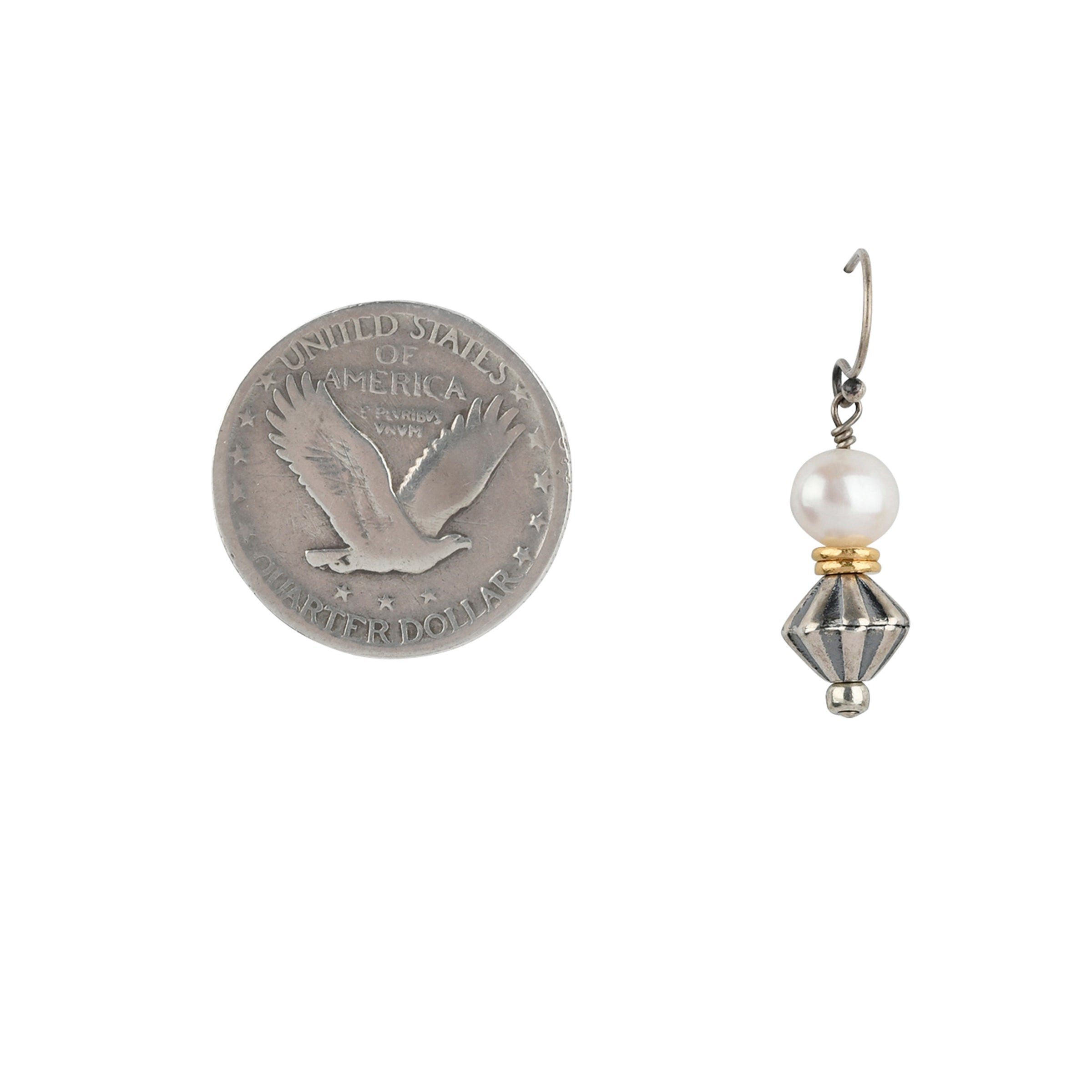 Mixed Metal earrings beaded with Sterling Silver, Freshwater Pearl, and 14k Gold Plate accent beading.