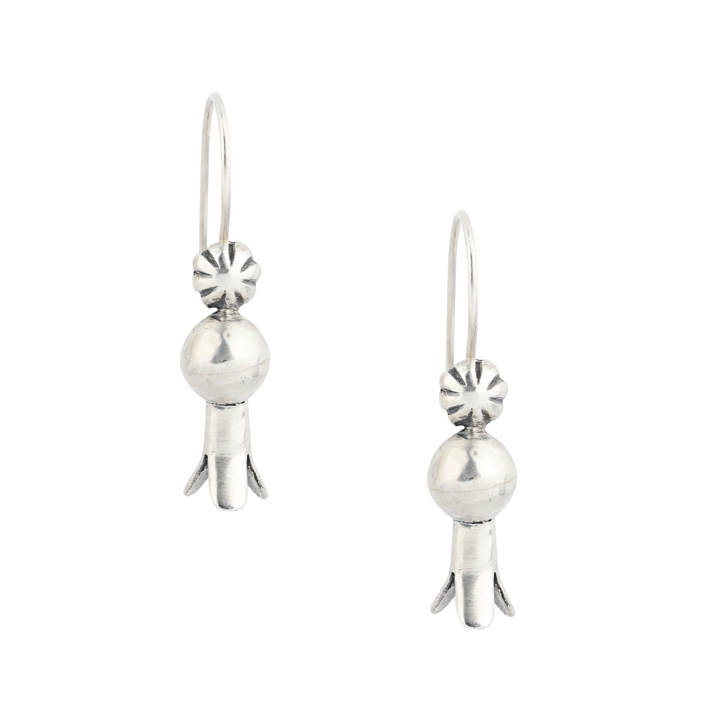 Made with Sterling Silver, these dangle earrings feature a drop blossom topped with a concho style detailing