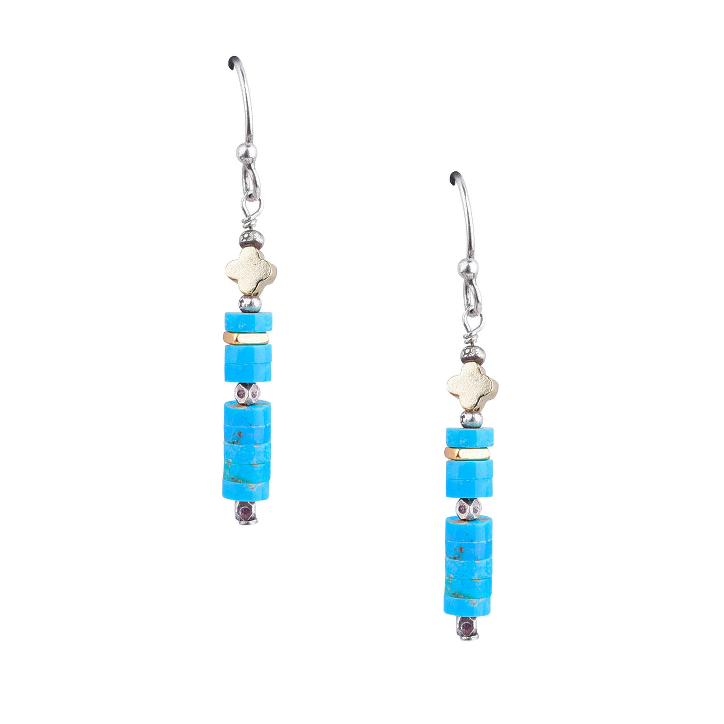 Drop earring made with turquoise, sterling silver, and old plated clover bead.