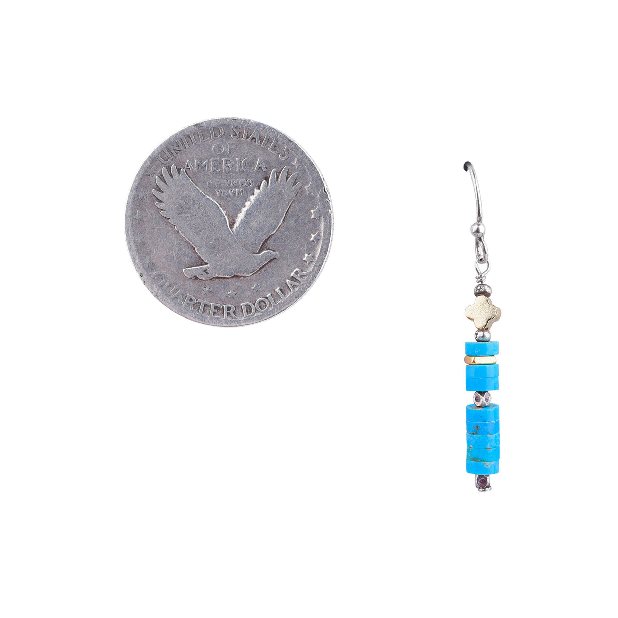 Drop earring made with turquoise, sterling silver, and old plated clover bead.