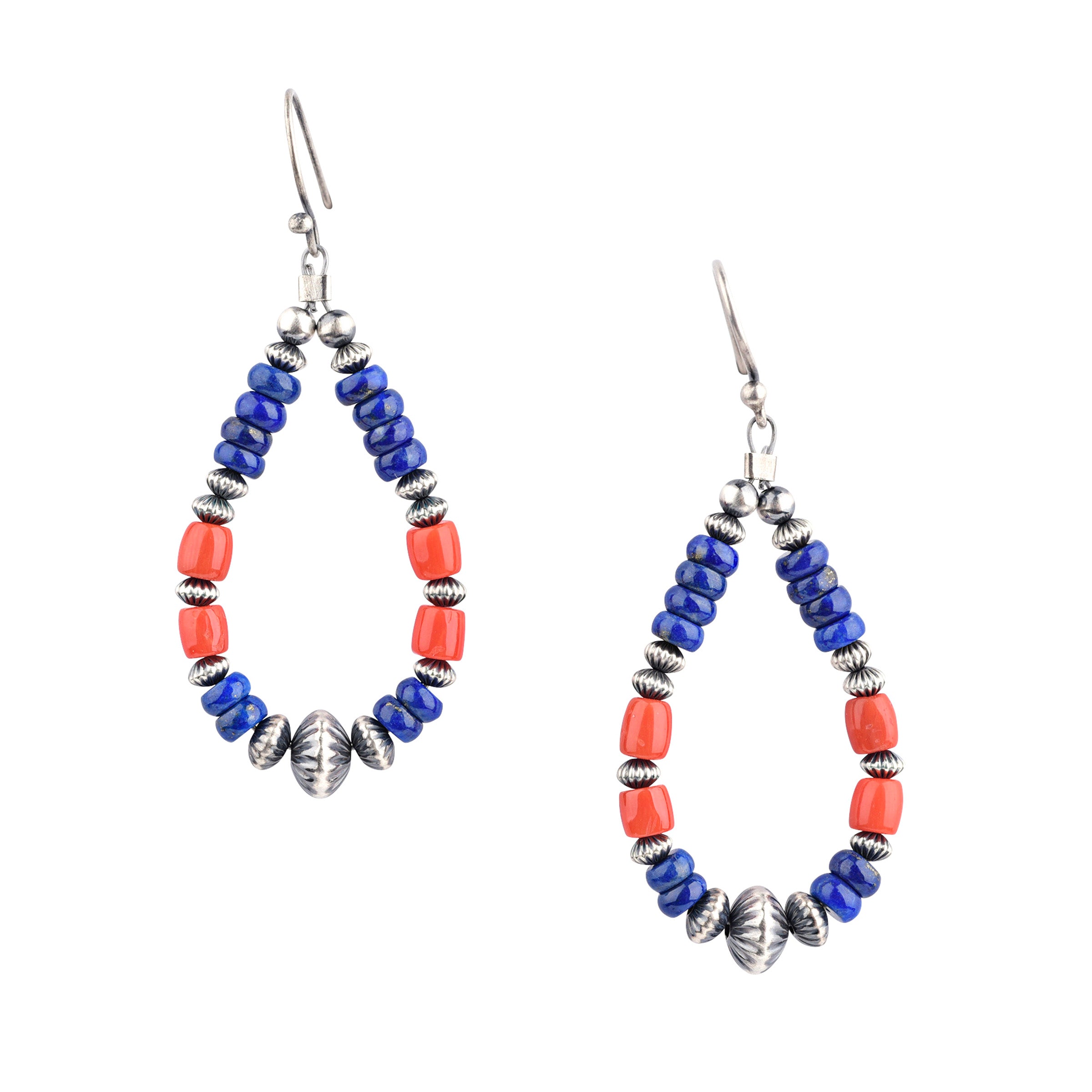 Blue Lapis and Red Coral Beaded Teardrop Earrings with Desert Pearl Accents