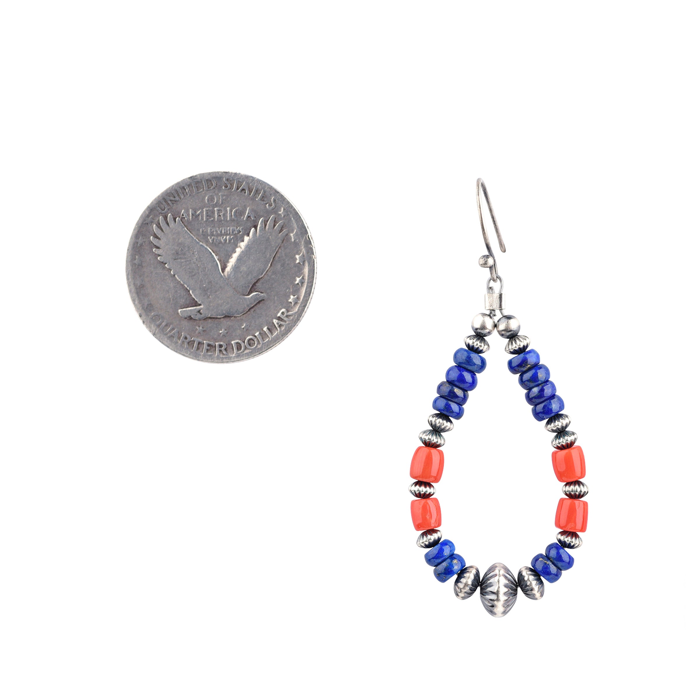 Blue Lapis and Red Coral Beaded Teardrop Earrings with Desert Pearl 