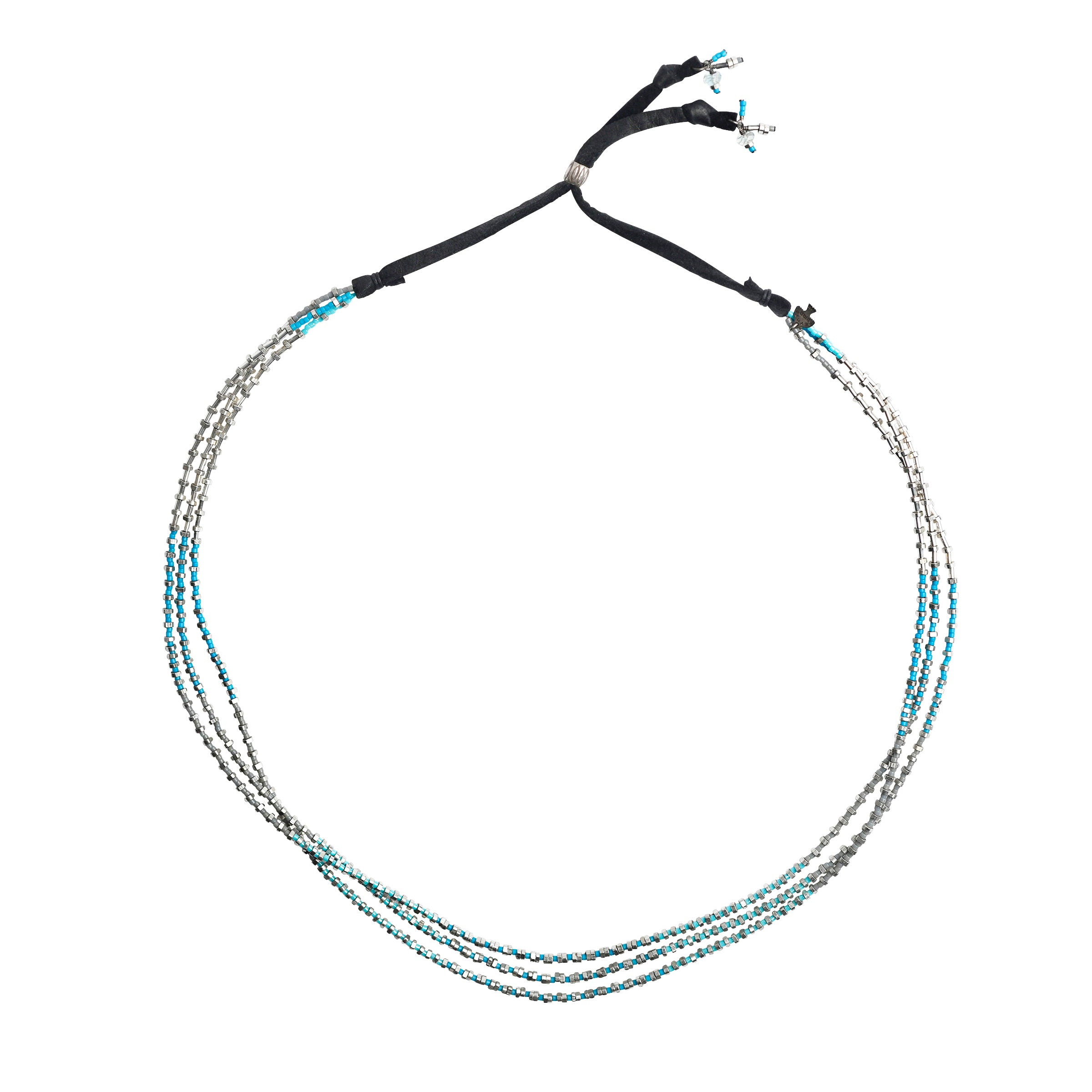Hatband comprised of silver beads, turquoise beads and deer skin leather