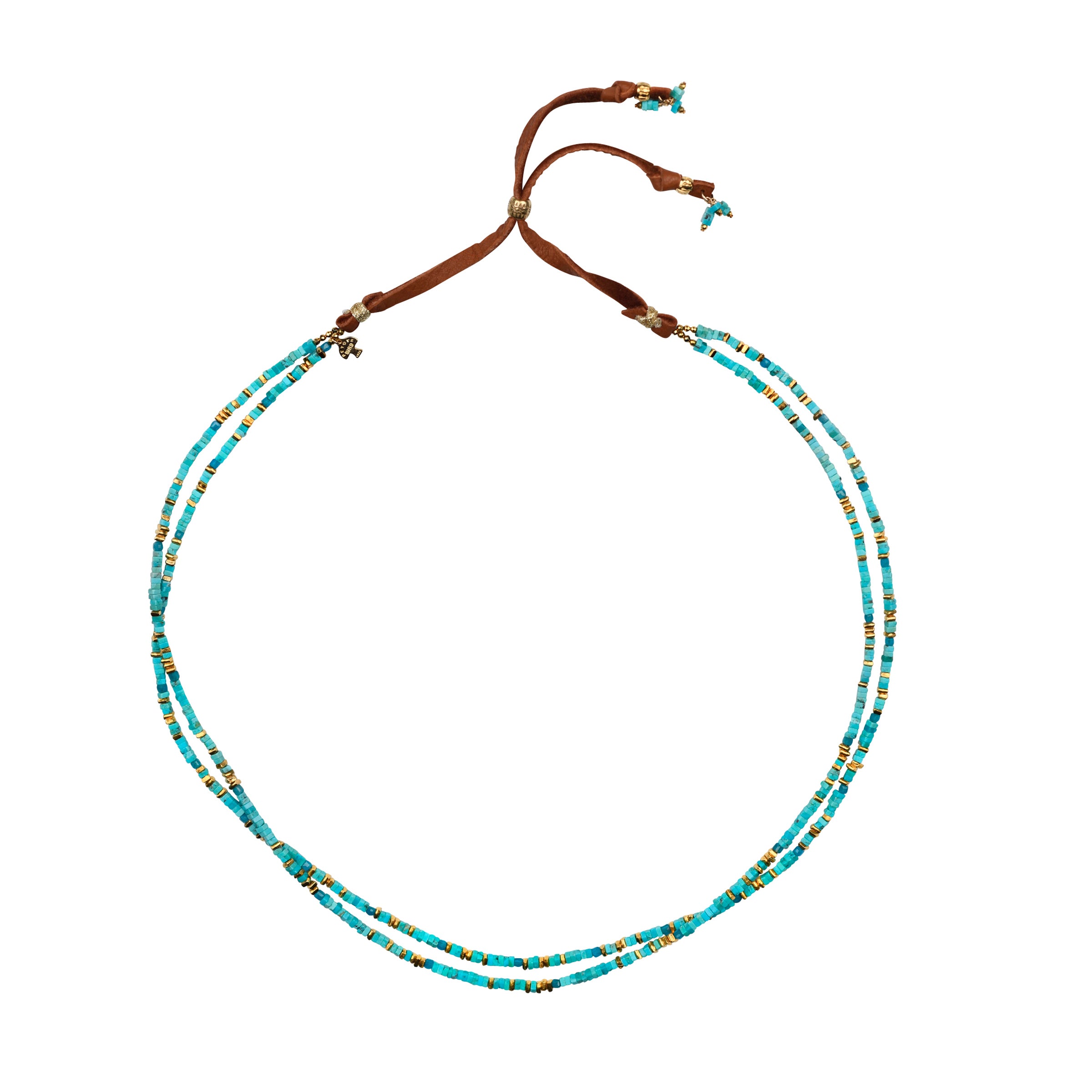 This Peyote Bird Original beaded hatband is adorned with Blue Turquoise square heishi beads strung with accents of 14k gold plated Thai beading, brilliant Apatite, and Pyrite accents. Finished with Tobacco colored deerskin leather with a 14k gold plate slider for an adjustable fit.