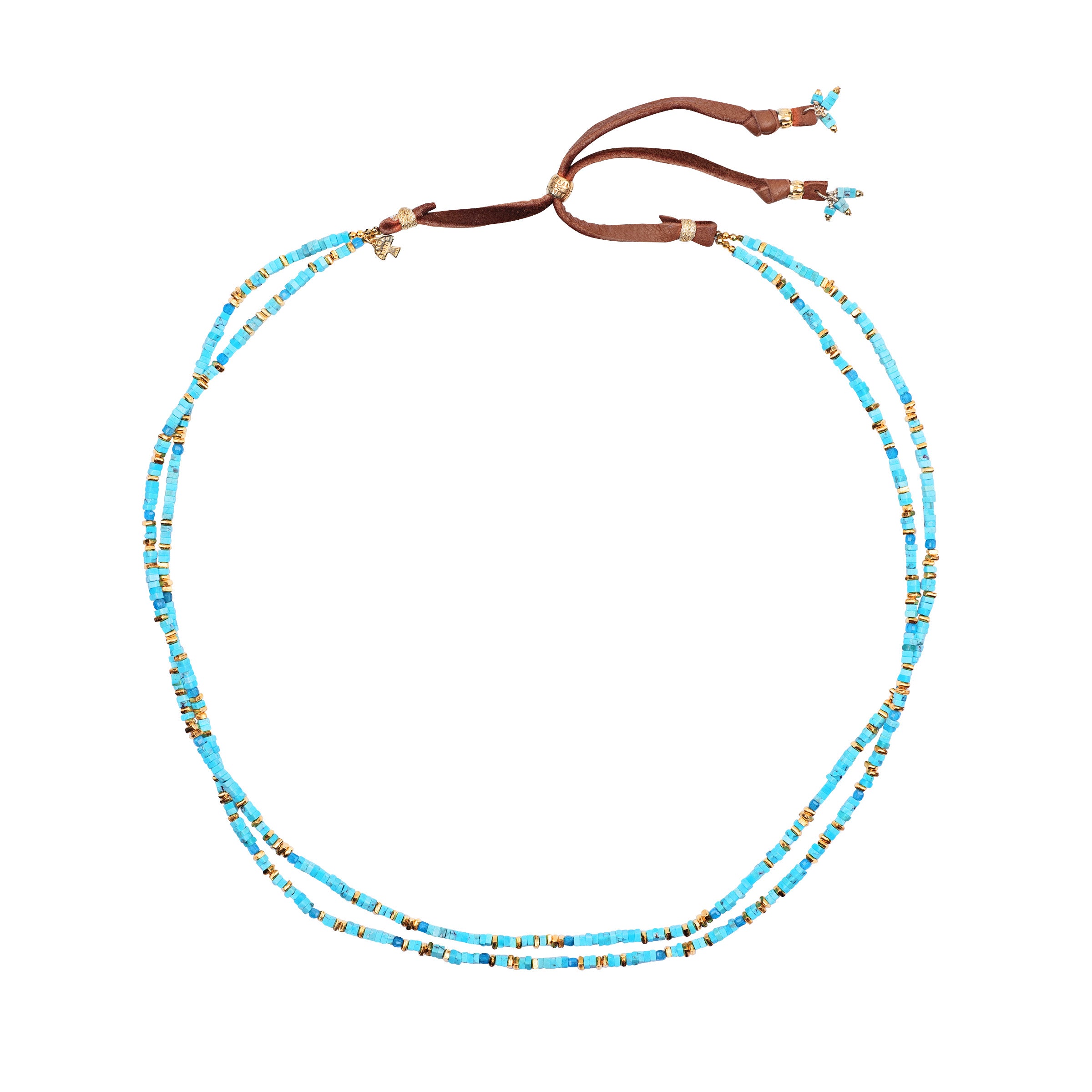 This Peyote Bird Original beaded hatband is adorned with Blue Turquoise square heishi beads strung with accents of 14k gold plated Thai beading, brilliant Apatite, and Pyrite accents. Finished with Tobacco colored deerskin leather with a 14k gold plate slider for an adjustable fit.