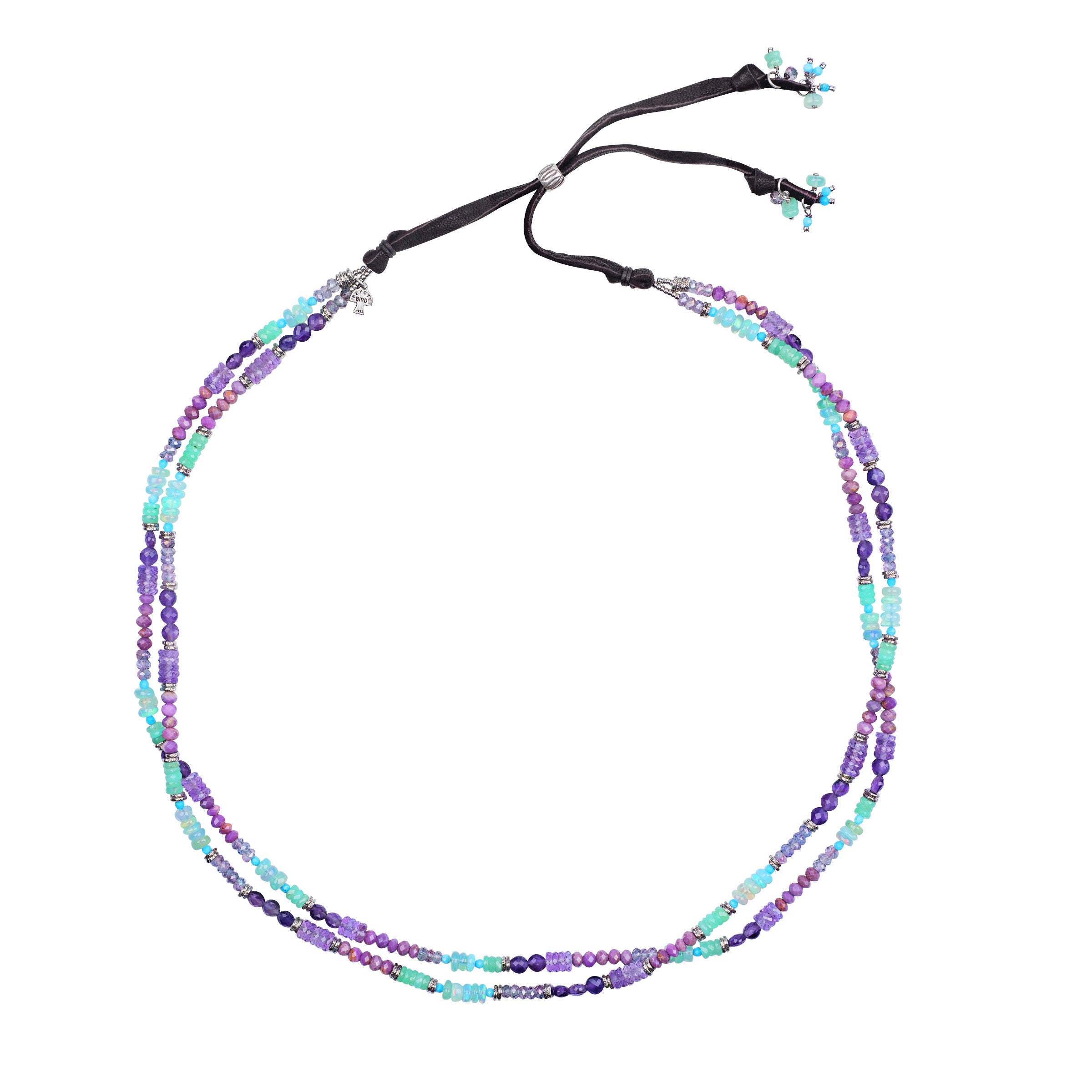 A double strand hatband strung with Opals, Amethyst, Chrysoprase, Howlite, and Phosphosiderite finished with dark chocolate brown deerskin leather with a Sterling Silver stamped slider for an adjustable fit.