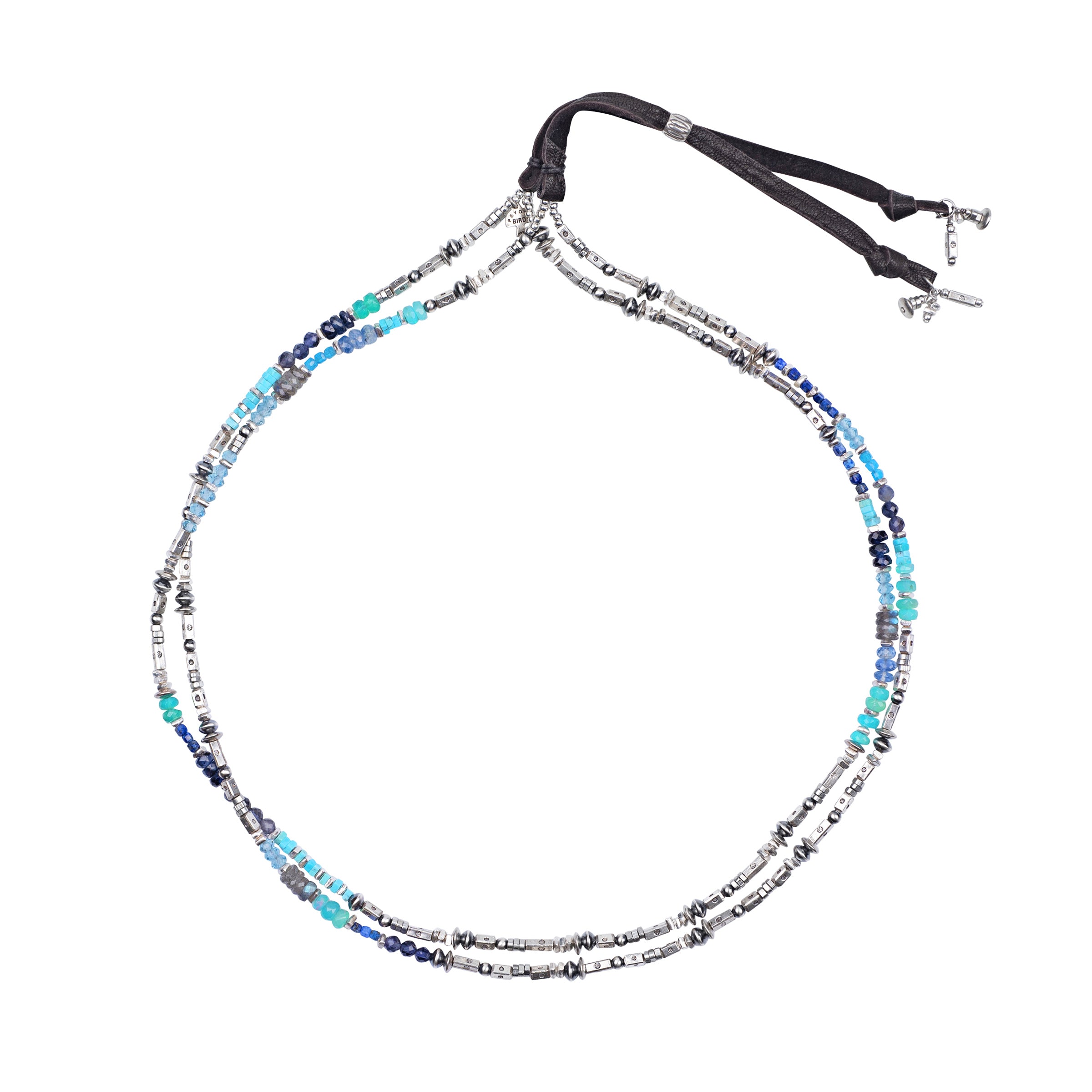 Two strand hatband with blue toned gemstones and sterling silver with leather slider bead closure and charms. 