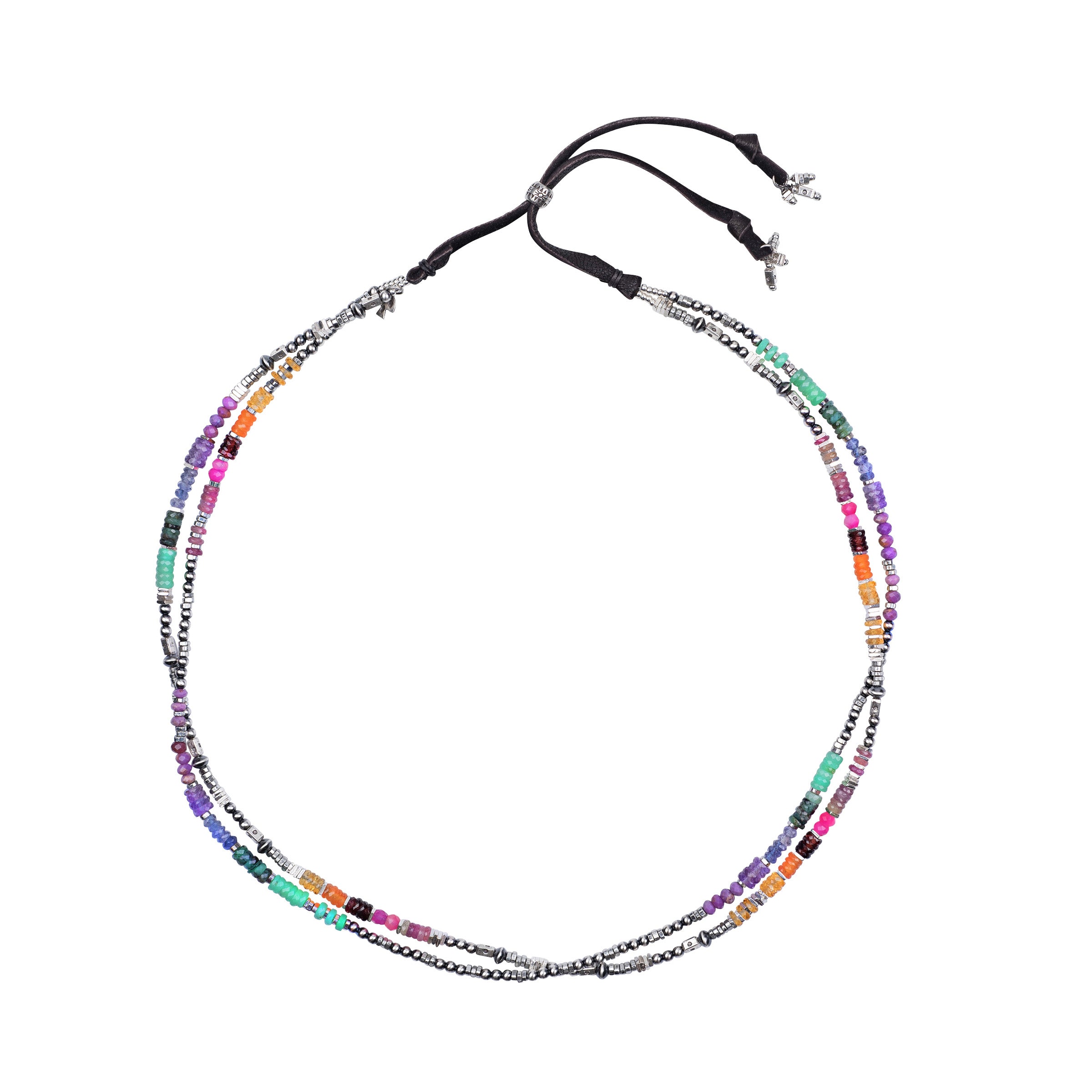 Two strand hatband with semi-precious stones in purples, oranges, pinks, greens, and sterling silver beads mixed throughout with brown leather deerskin slider bead closure. 