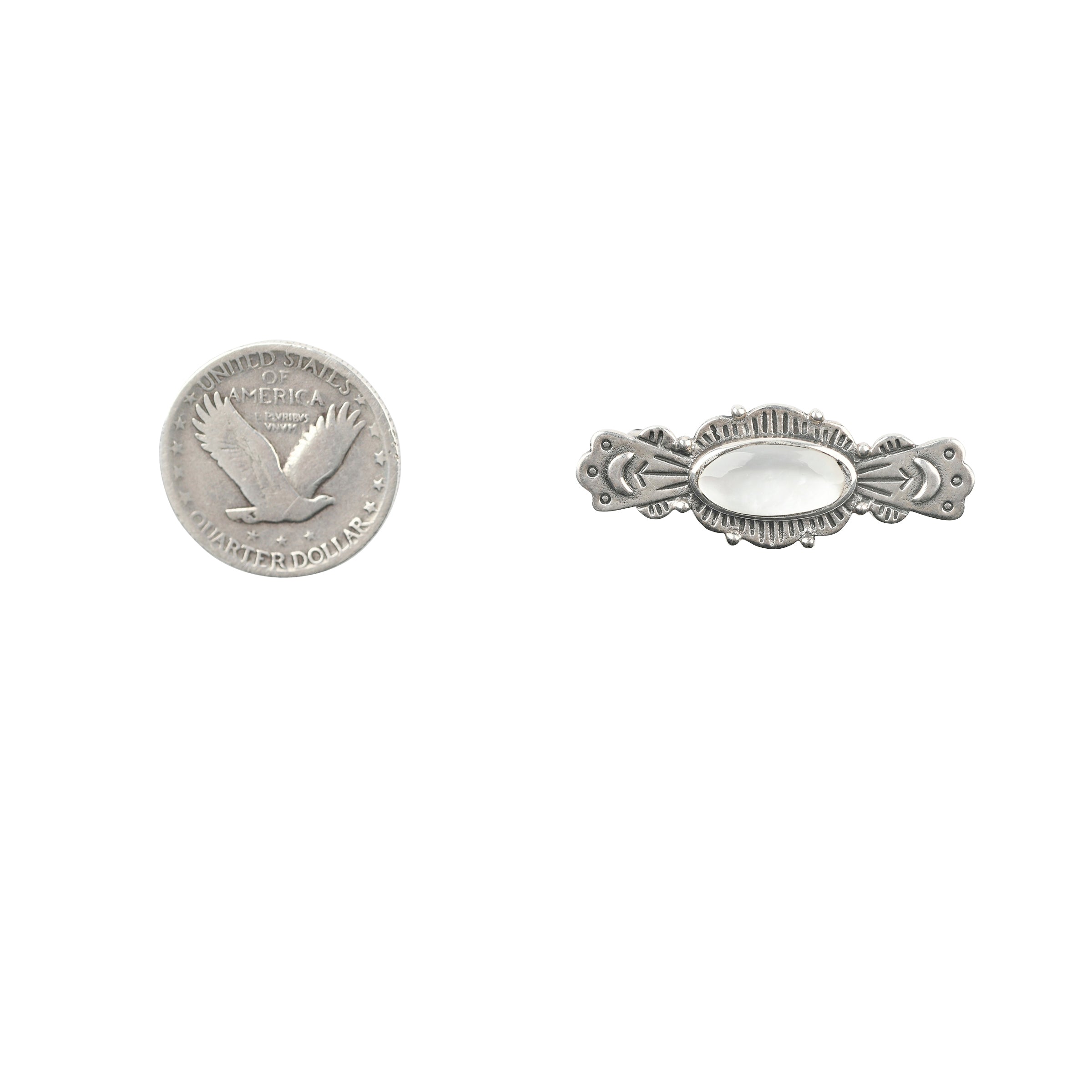 As seen in the Sundance Catalog, the Lustre Pin is a beautifully stamped Sterling Silver pin featuring a stunning piece of Mother of Pearl in the center. Add this gorgeous piece to your hat, lapel, purse, or anything else you can think of!