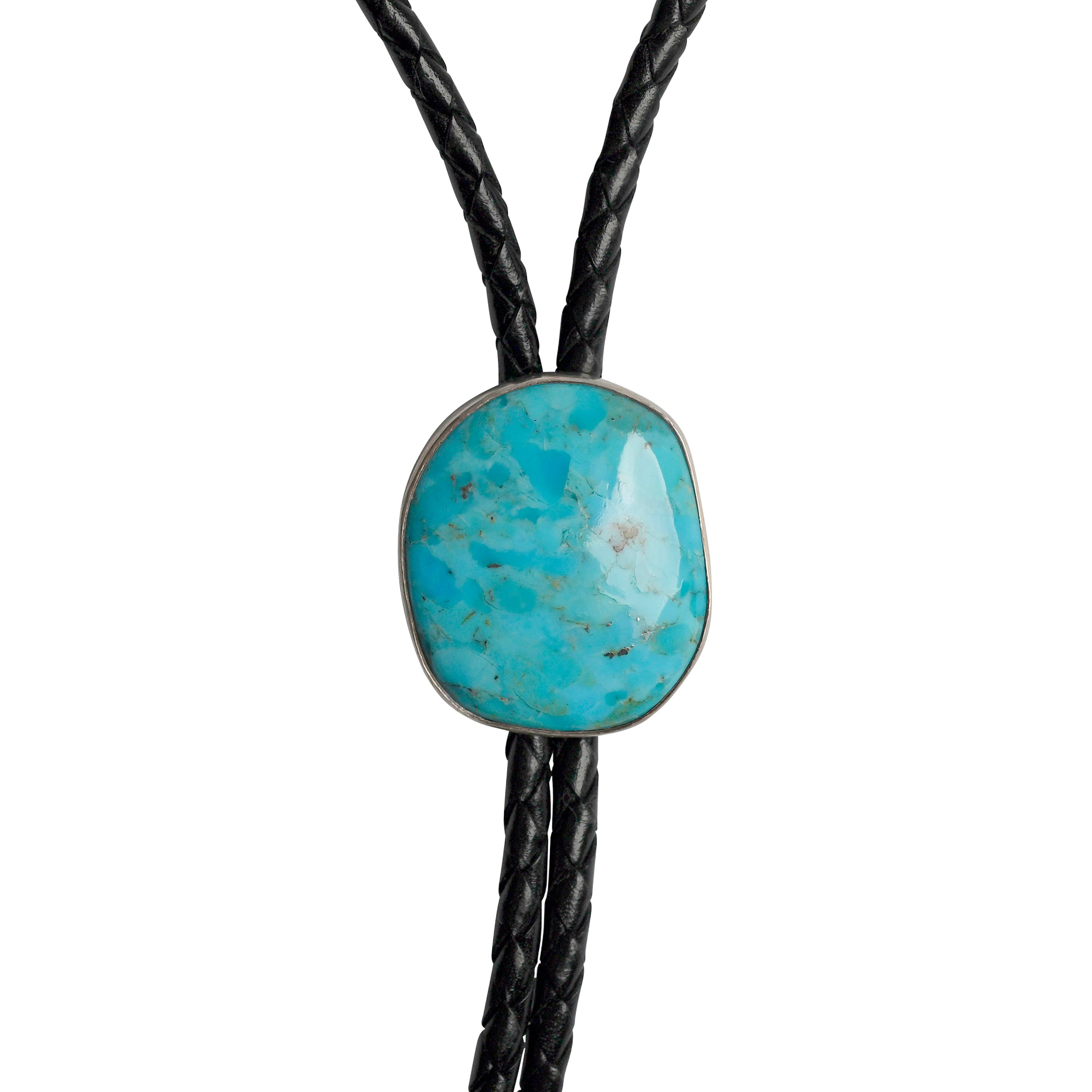 A bolo featuring a free form Blue Turquoise pendant inlayed in Sterling Silver and strung on black braided leather with Sterling Silver tips.