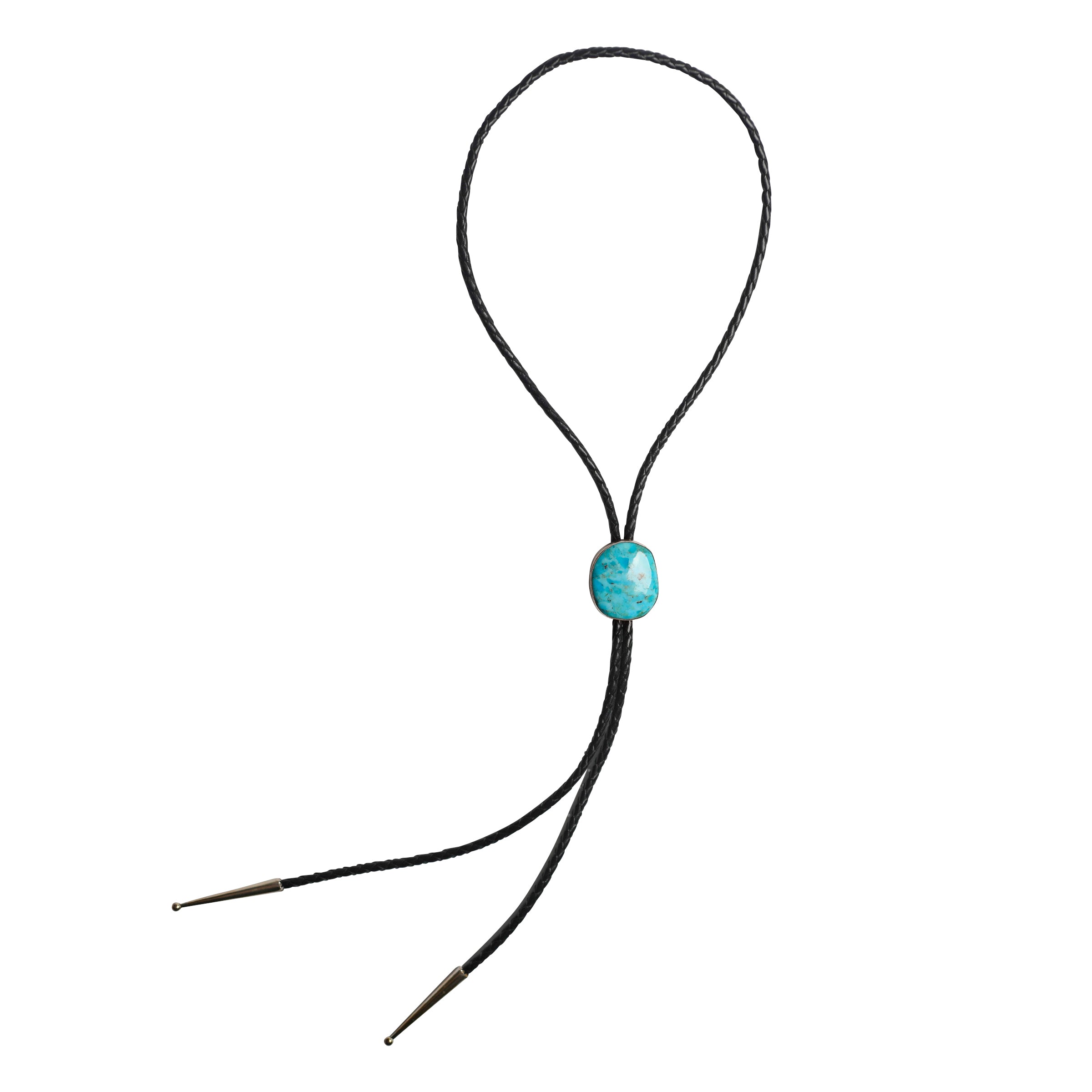 A bolo featuring a free form Blue Turquoise pendant inlayed in Sterling Silver and strung on black braided leather with Sterling Silver tips.