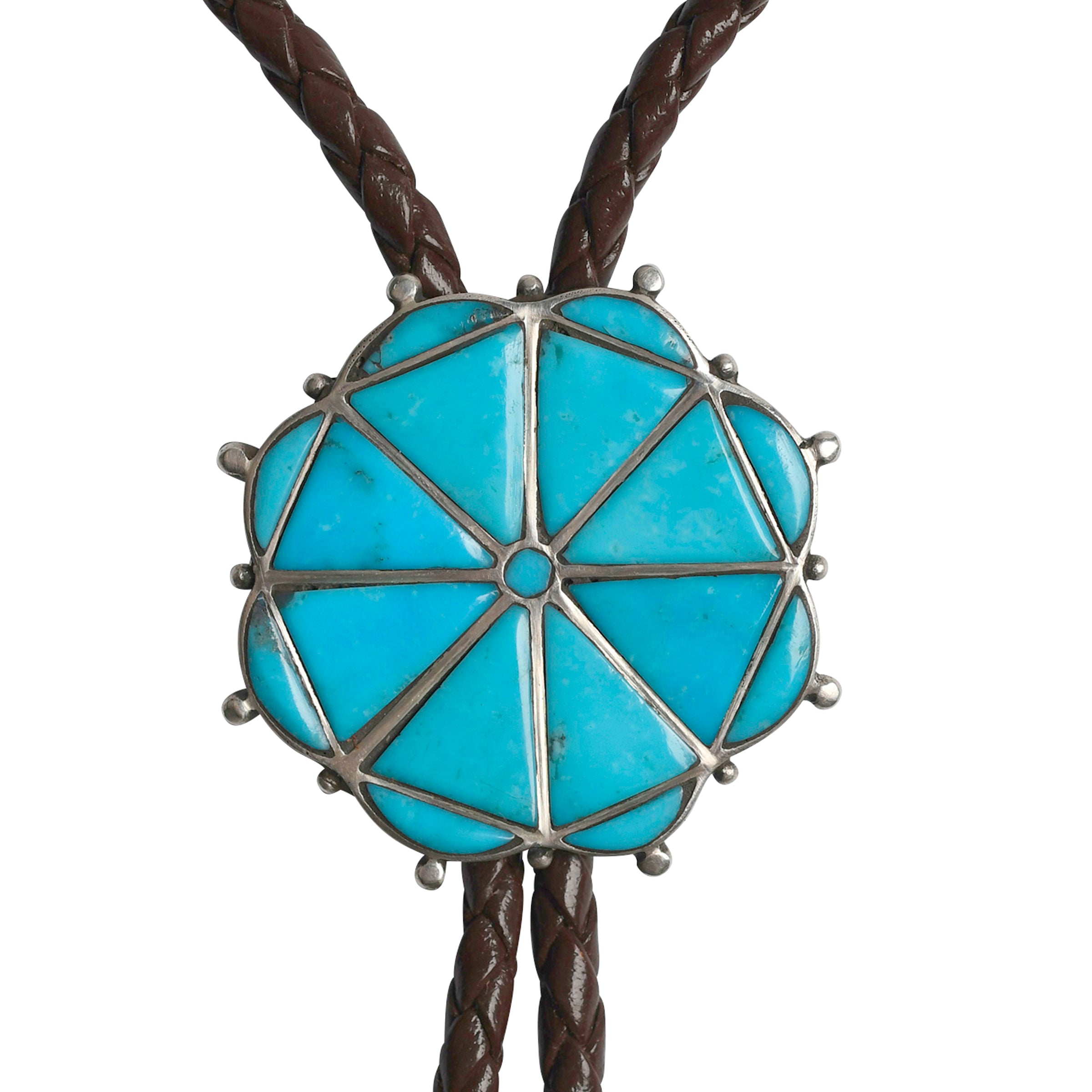 Blue Turquoise and Sterling Silver Bolo in a pinwheel design on braided brown leather and sterling silver tips