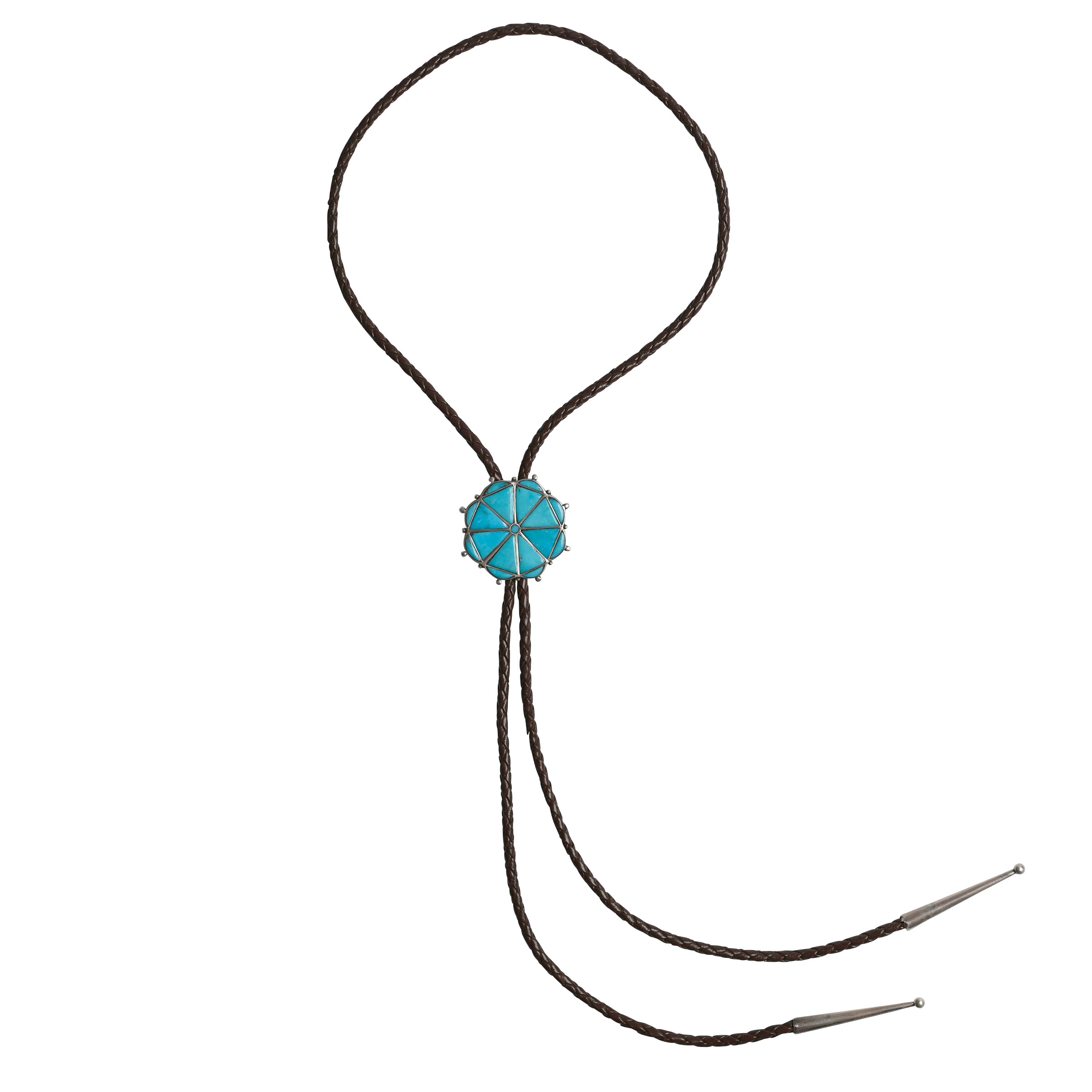 Blue Turquoise and Sterling Silver Bolo in a pinwheel design on braided brown leather and sterling silver tips