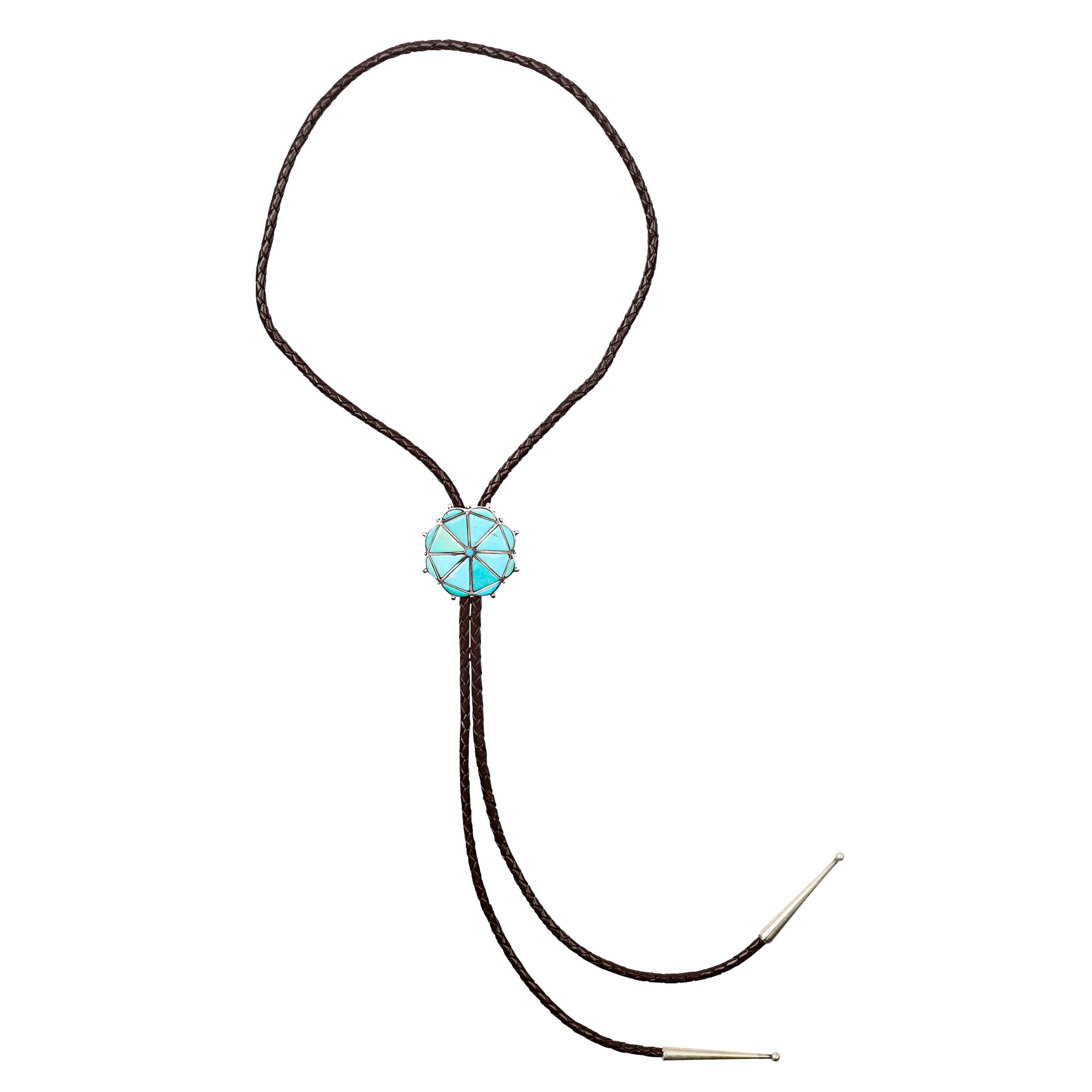 Blue Turquoise and Sterling Silver Bolo in a pinwheel design on braided brown leather and sterling silver tips