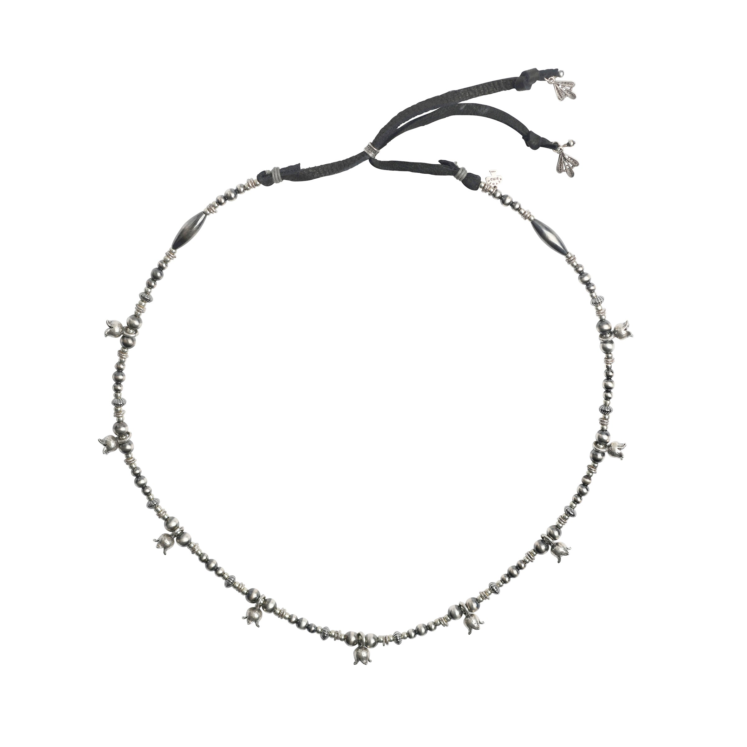 Mixed Sterling Silver Beads and blossoms on hatband with leather and slider bead closure. 