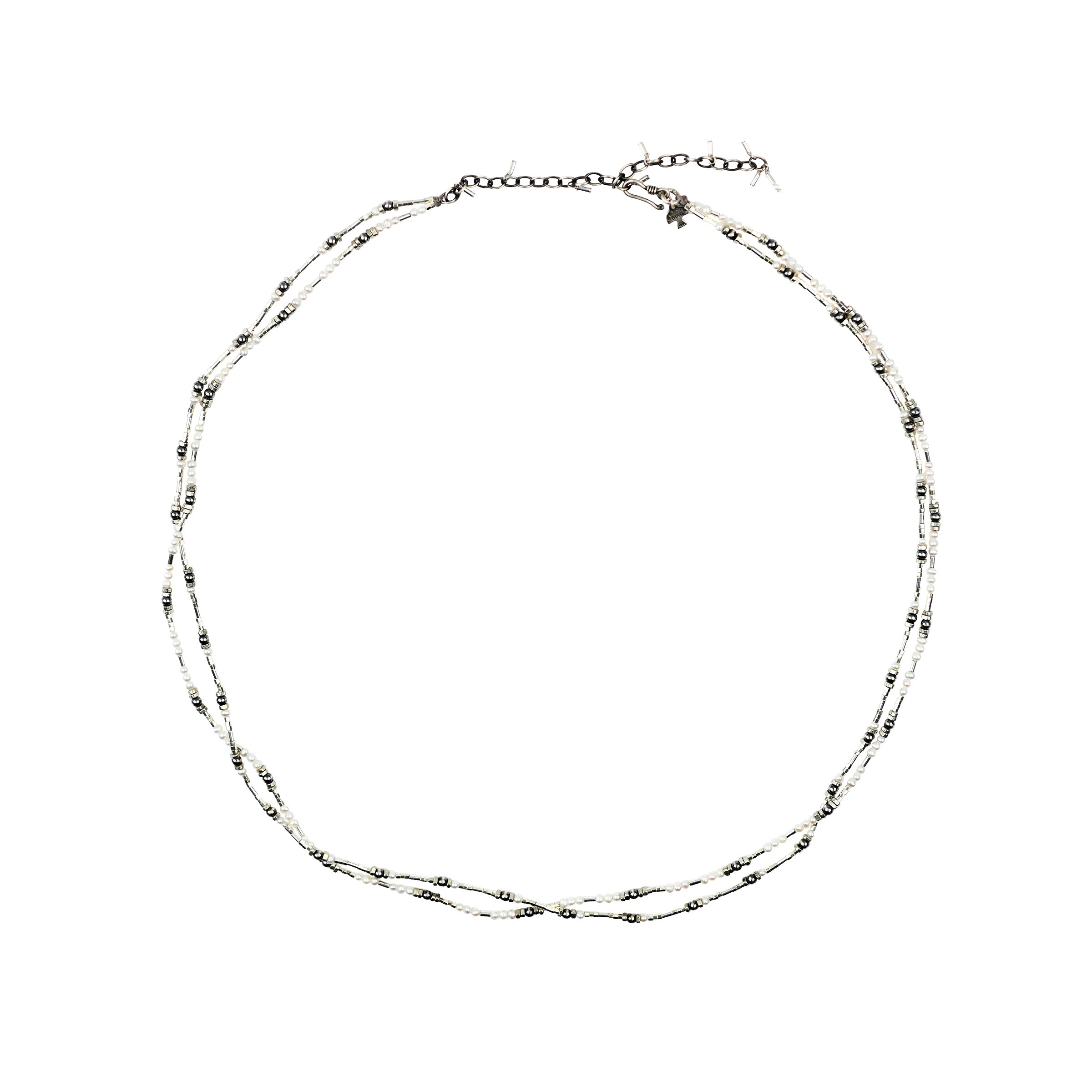 Hatband strung with white pearl and desert pearl beads, finished in a silver adjustable chain 