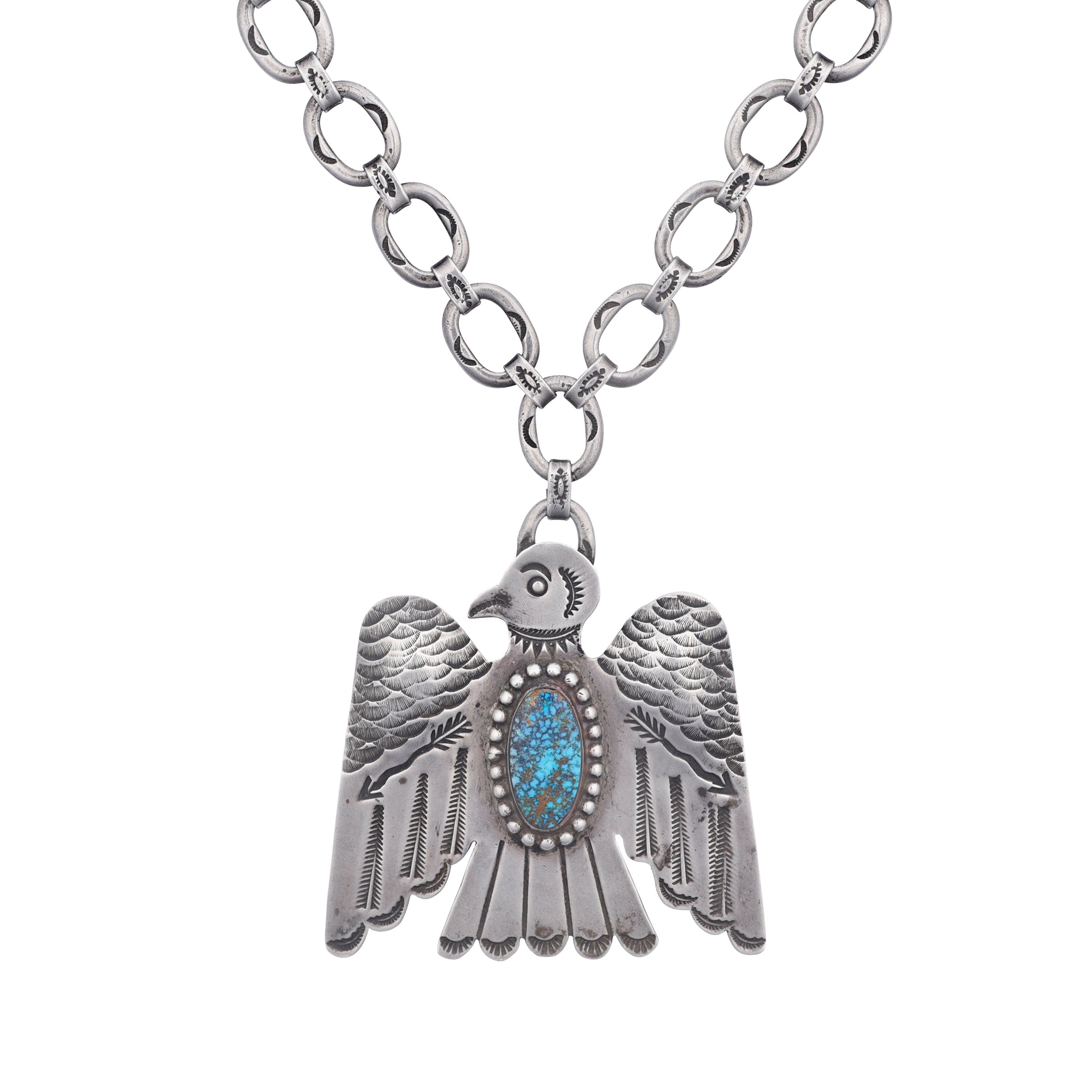 Vintage Bisbee Turquoise T-Bird Necklace On Chain, c. 1970's