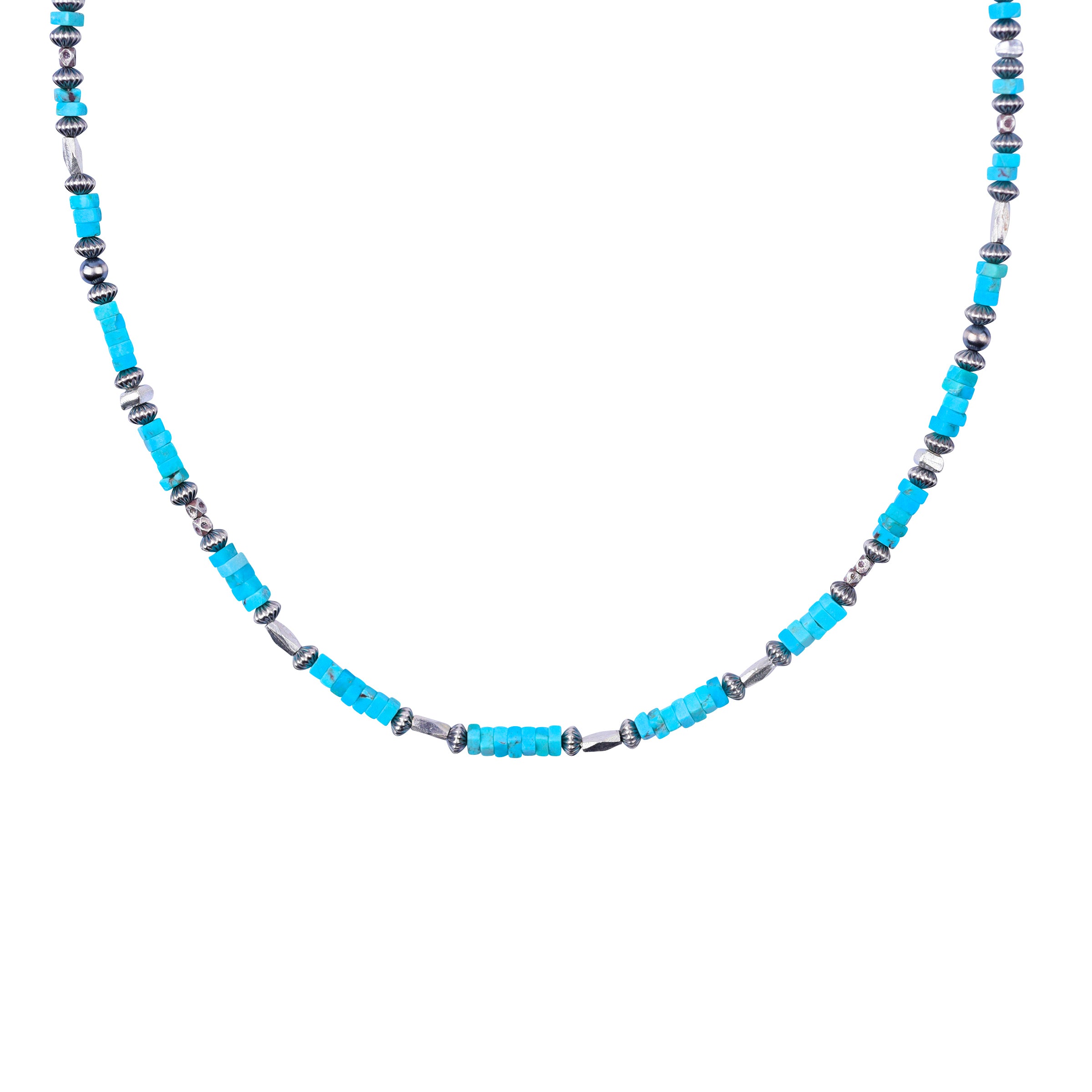 A Peyote Bird Original Necklace featuring Blue Turquoise, Classic Desert Pearls, Corrugated Desert  Pearls, and Thai Sterling Silver beading.