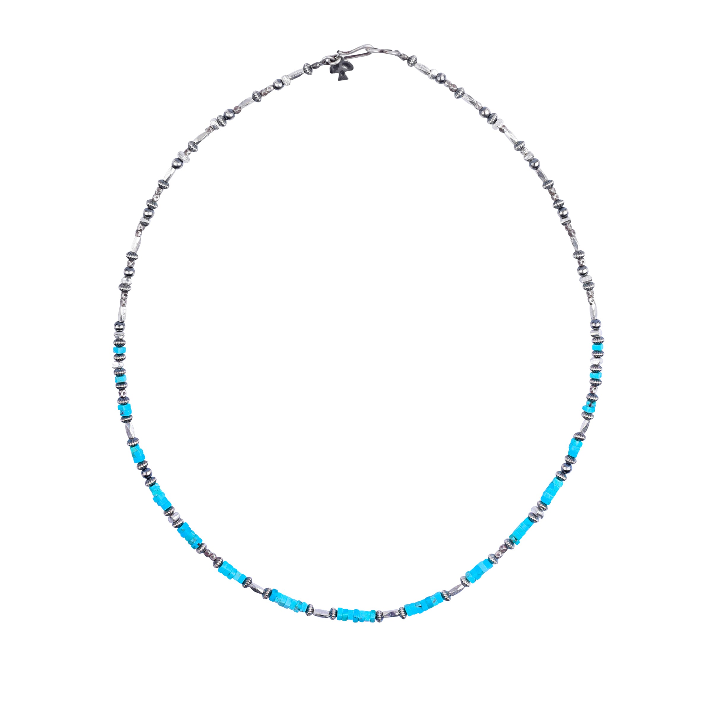 A Peyote Bird Original Necklace featuring Blue Turquoise, Classic Desert Pearls, Corrugated Desert  Pearls, and Thai Sterling Silver beading.