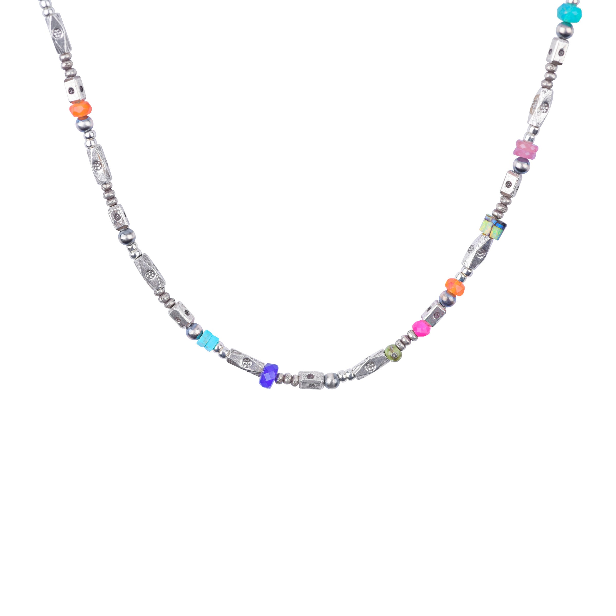 An eclectic, multi stone beaded necklace made with Sterling Silver, Ethiopian Opal, Pink Sapphire, Chalcedony and Turquoise Beads. 
