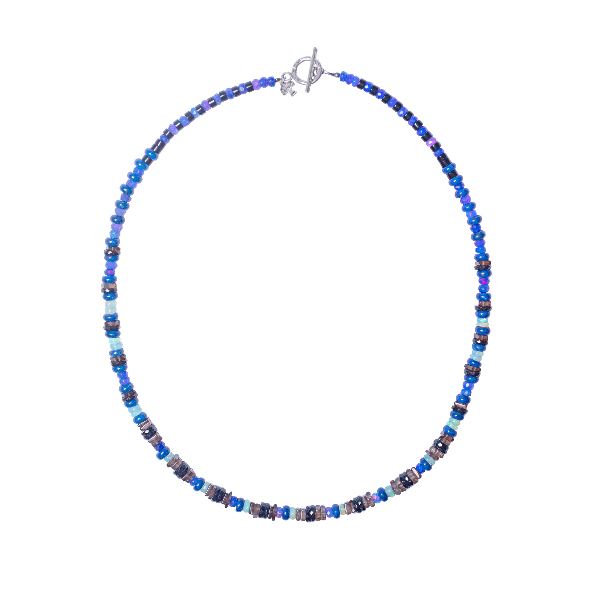 A sterling silver beaded necklace featuring lapis, blue and purple opal, black spinel, onyx, and smoky quartz.