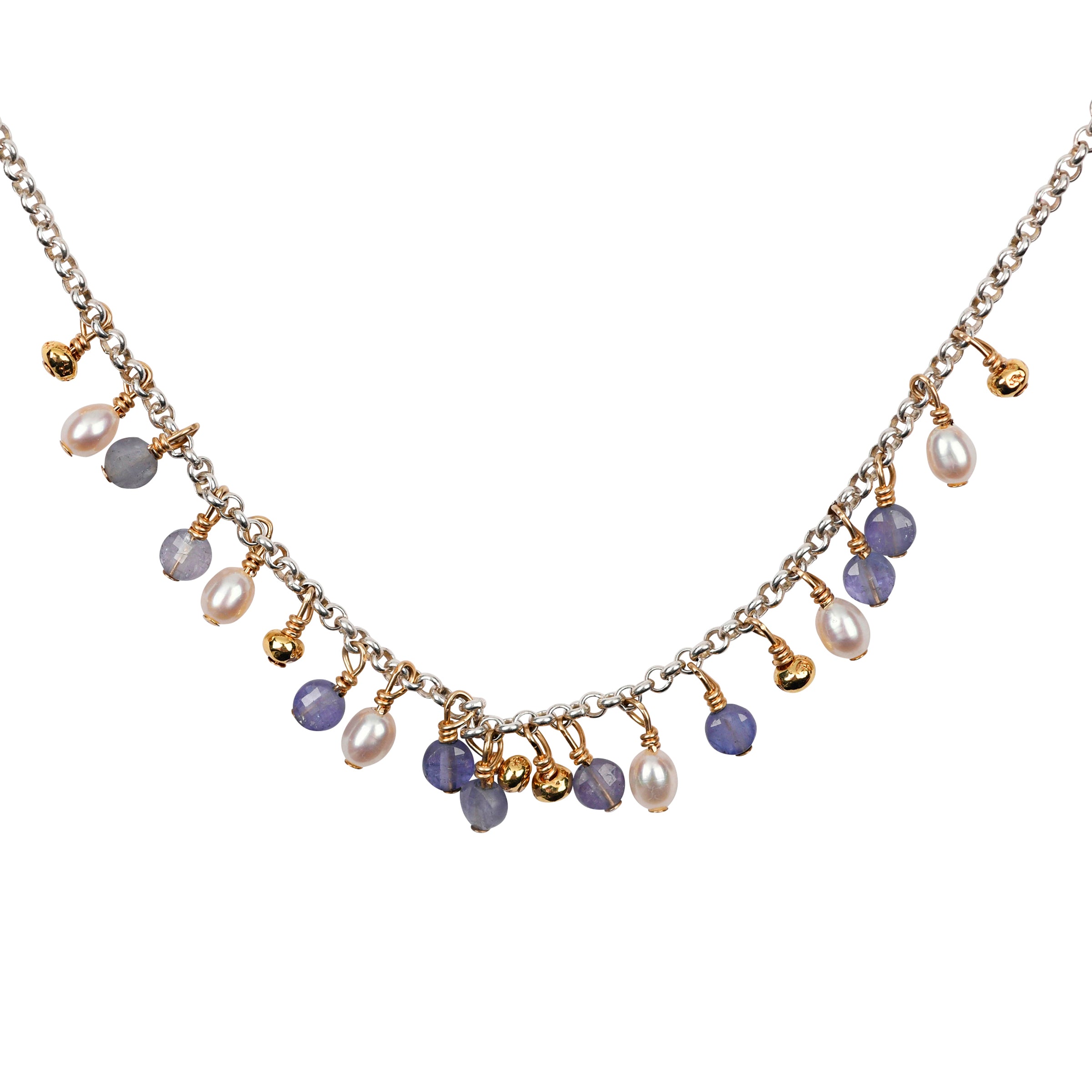 This sweet and charmy necklace features dangles of Tanzanite and Freshwater Pearl and would add a touch of elegance to any night-out look.