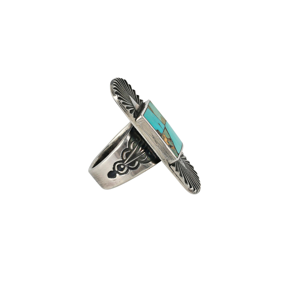Sterling Silver ring with turquoise stone inlay side view. 