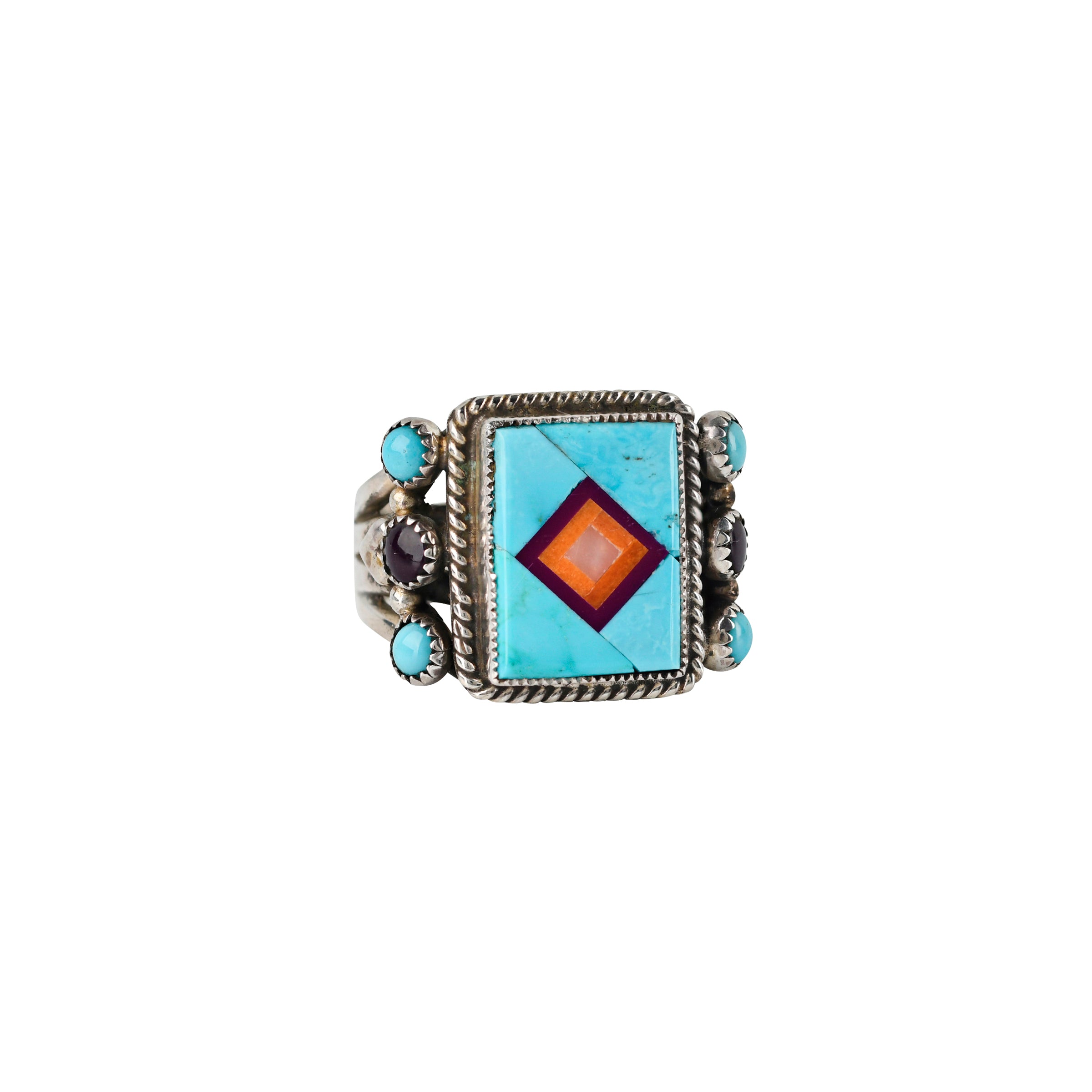 Turquoise inlay ring with spiny oyster shell and sugalite accents in square shape. 