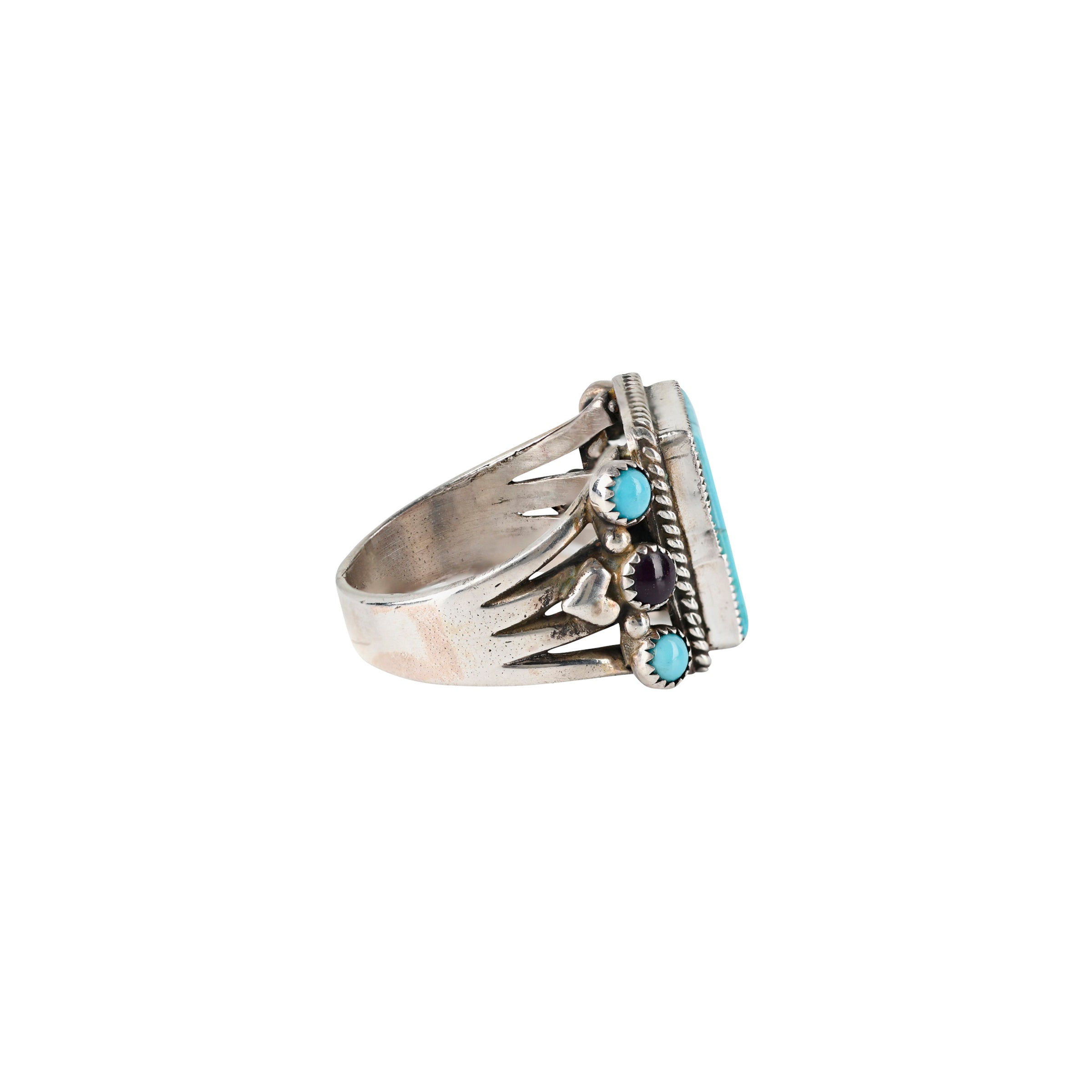 Turquoise inlay ring with sugalite accents in square shape side profile with sterling silver shank.  