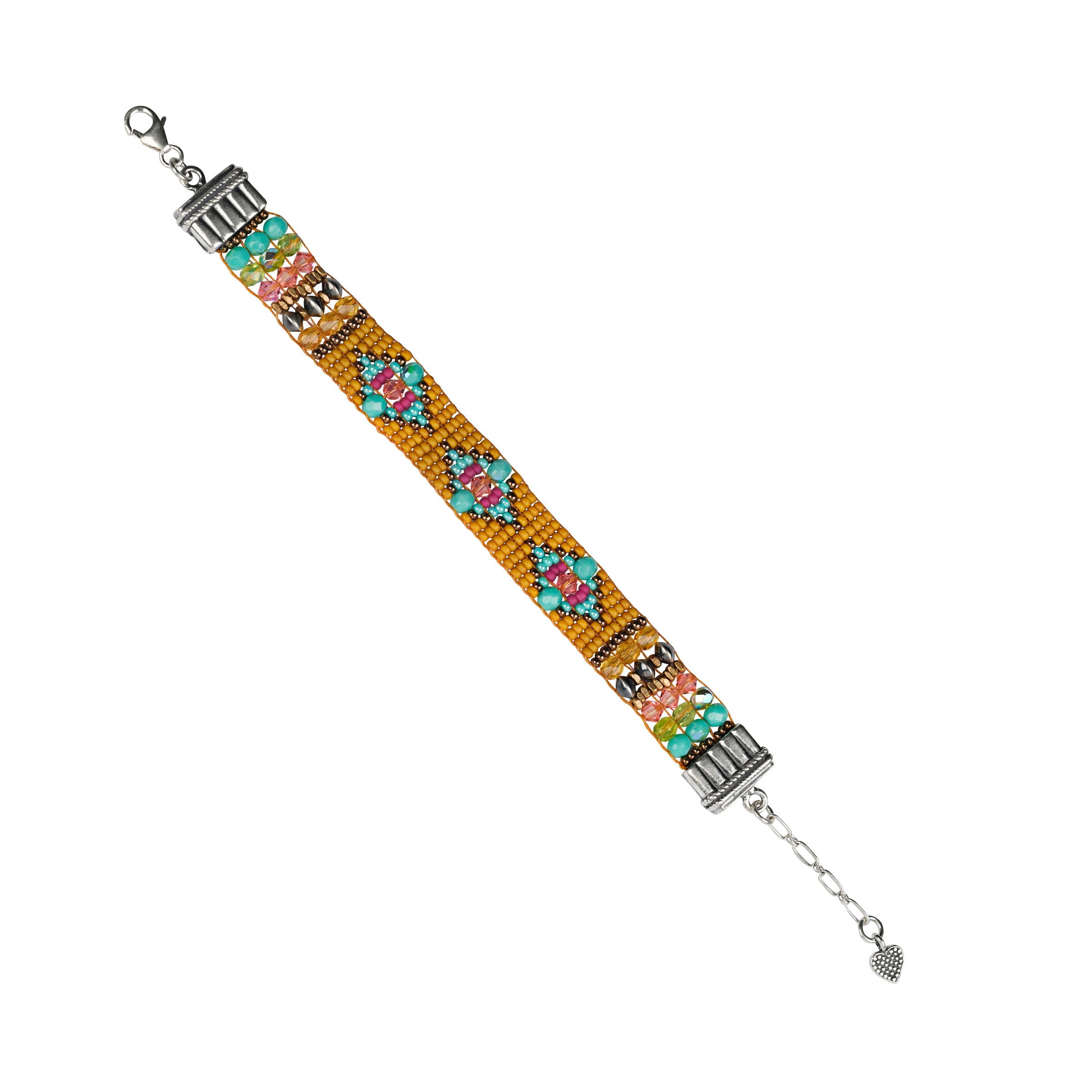 Hand woven by Adonnah Langer, this beautiful beaded bracelet is strung in a geometric pattern with vivid hues of yellow, green, blue, and pink topped with Desert  Pearls