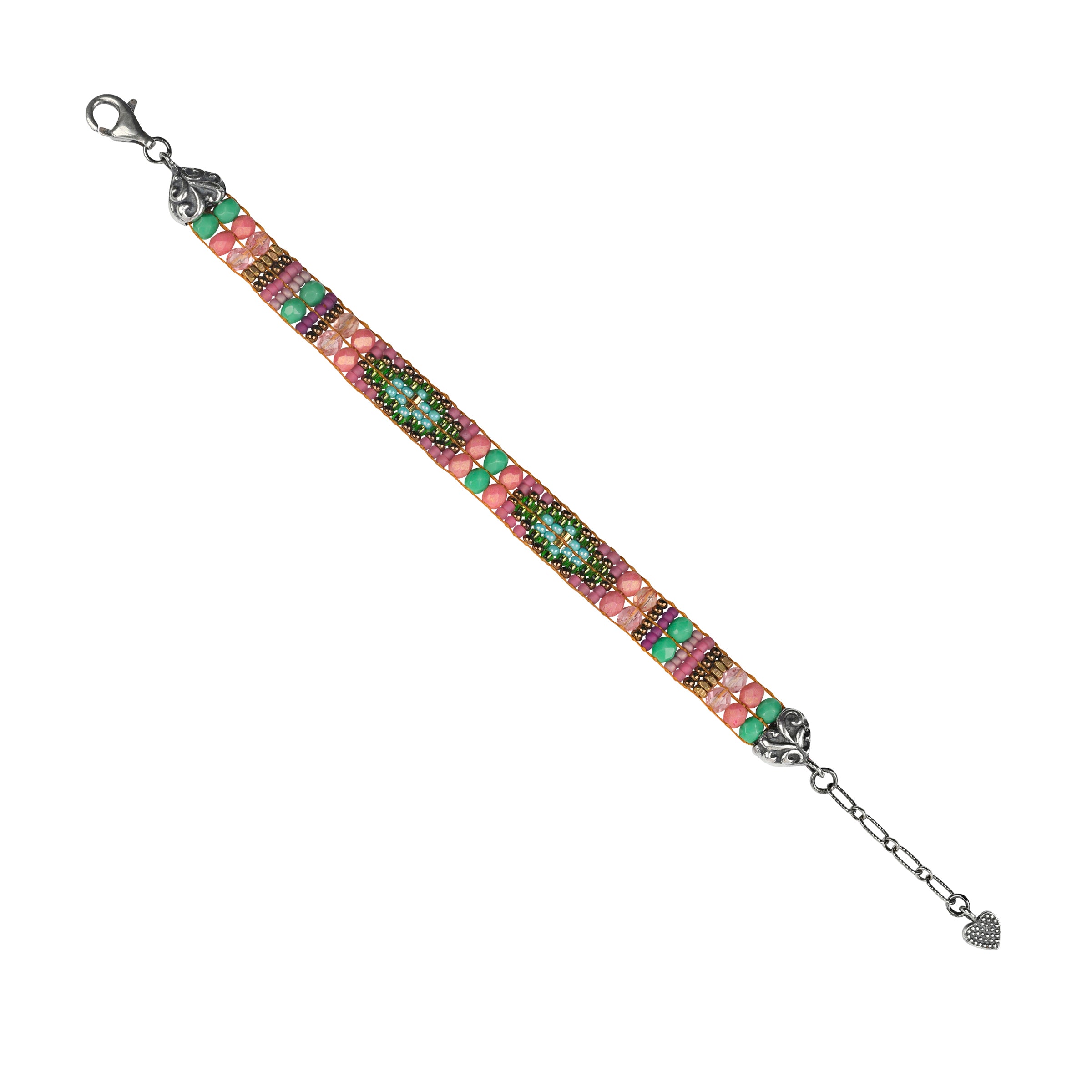 Hand woven by Adonnah Langer, this beautiful beaded bracelet is strung in a geometric pattern with pastel hues of teal, green, and pink