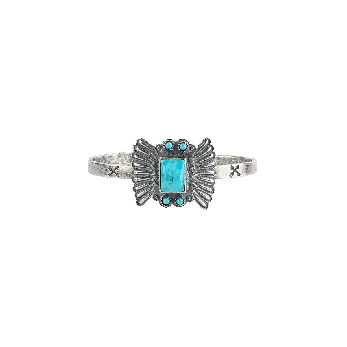 Sterling silver fan detail around square turquoise stone and two small turquoise circular stones at the top and bottom with arrow detailing on cuff band.